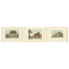 Chinese Architecture and Court Scenes, Set of Three Ferrario Engravings 1815