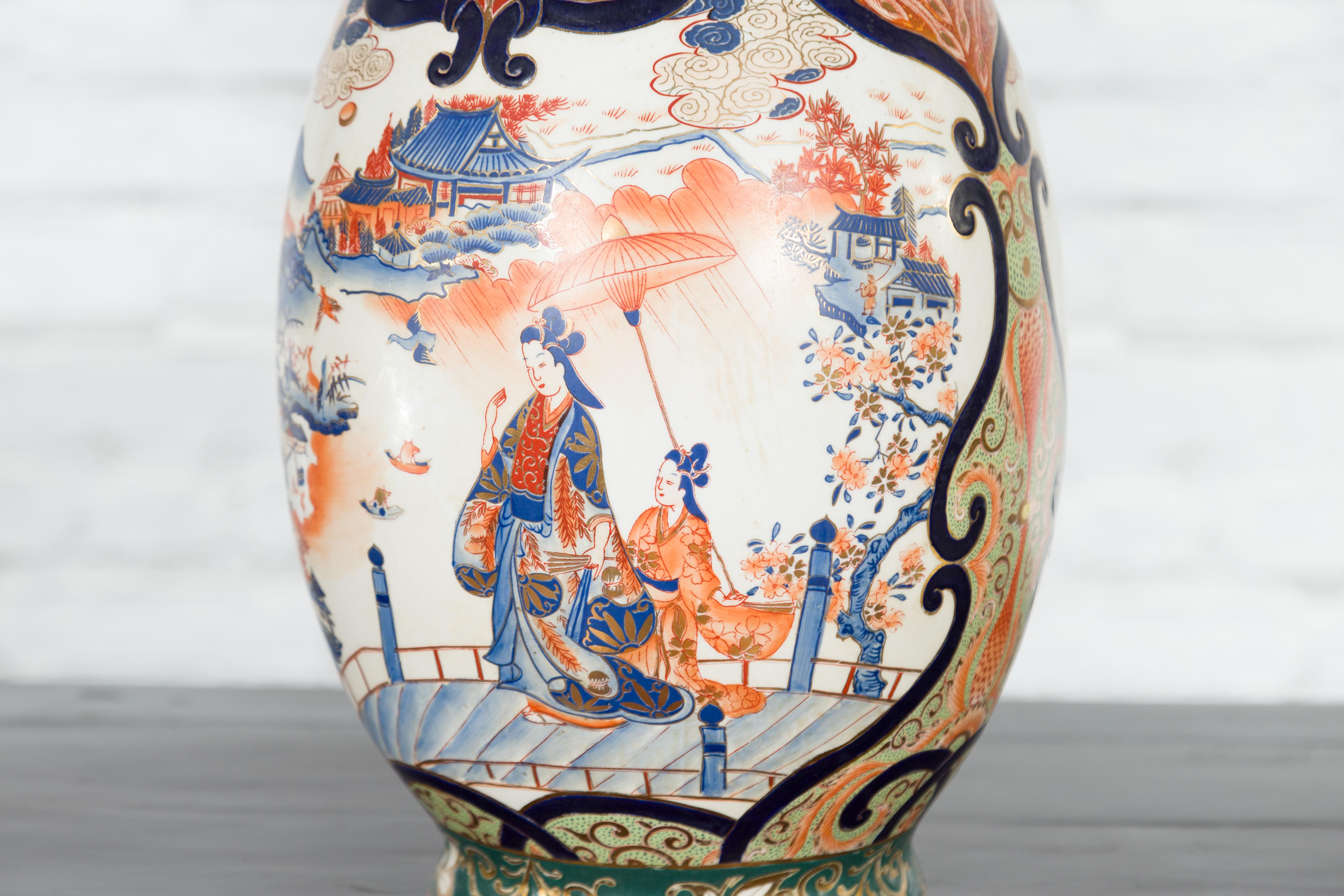 Chinese Imari Style Orange, Blue and Green Vase with Ladies in Landscapes For Sale 5