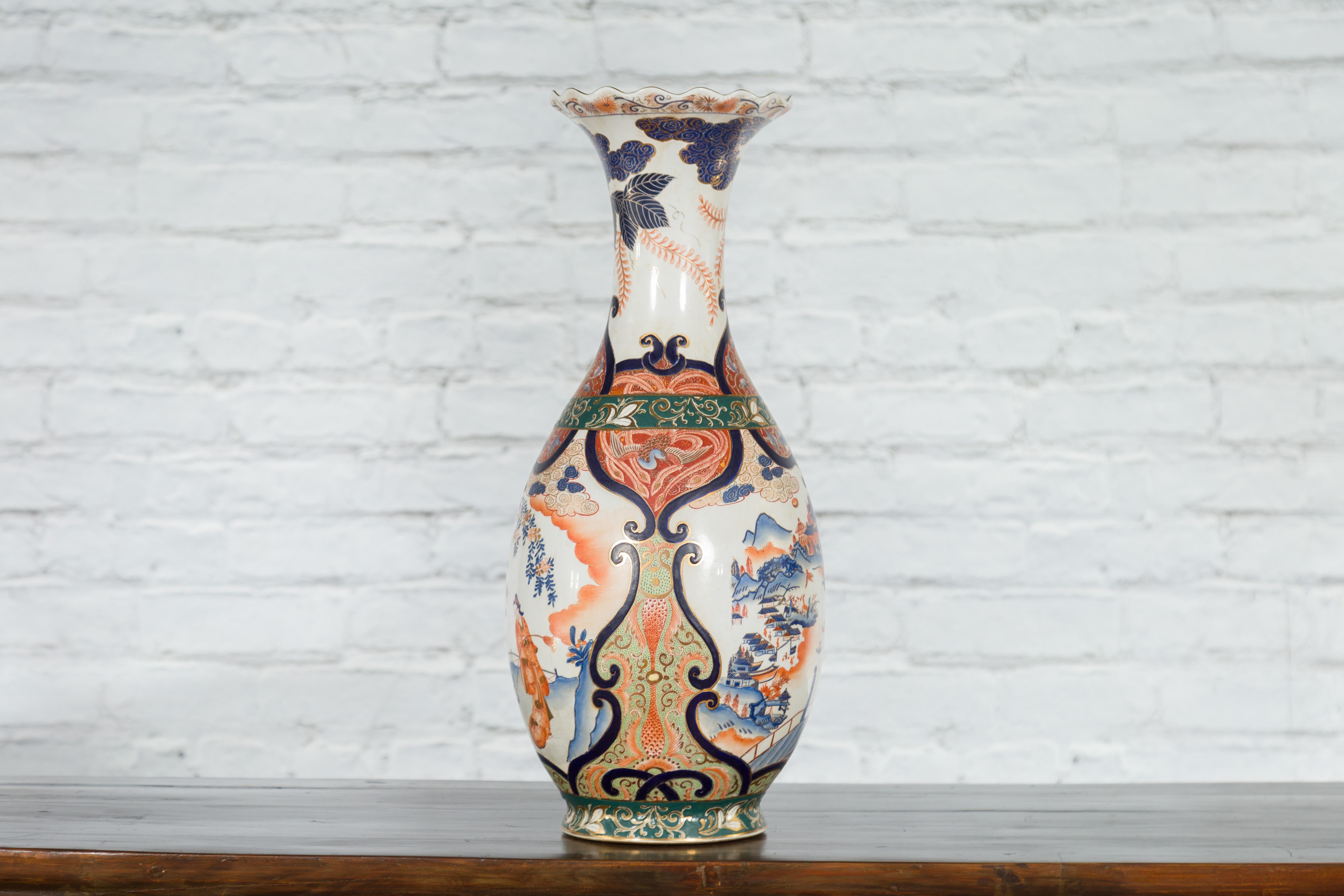 Chinese Imari Style Orange, Blue and Green Vase with Ladies in Landscapes For Sale 6
