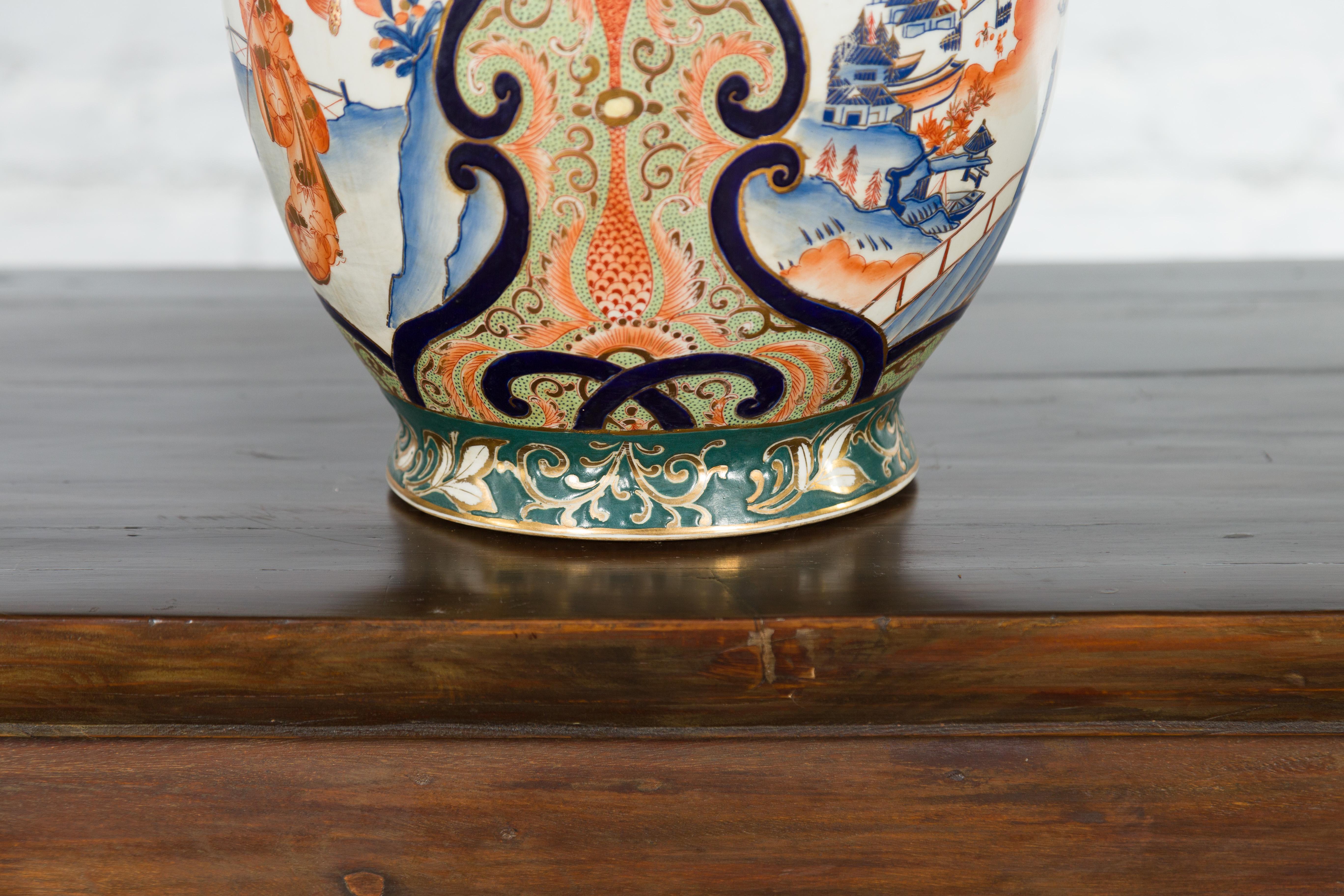 Chinese Imari Style Orange, Blue and Green Vase with Ladies in Landscapes For Sale 7