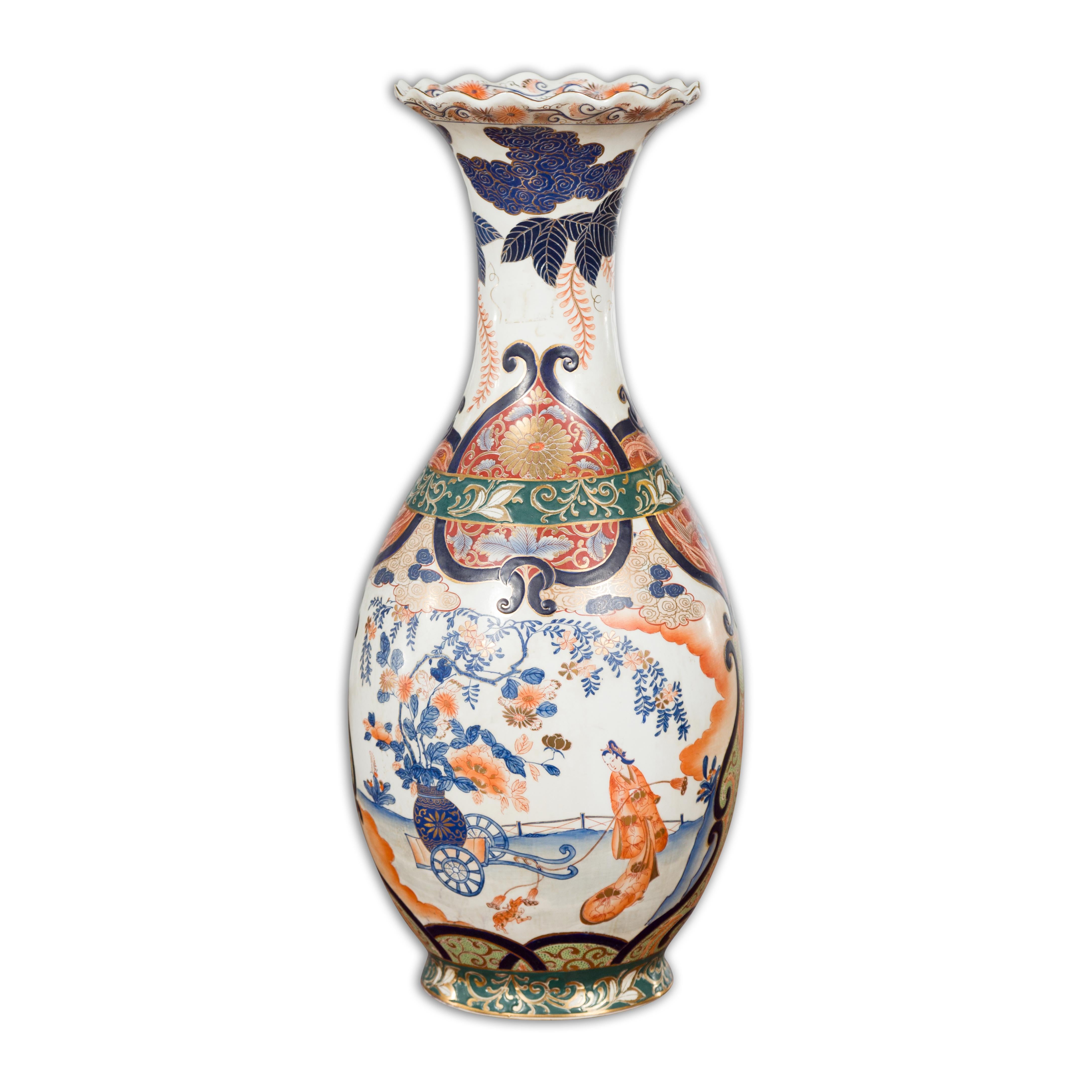 Chinese Imari Style Orange, Blue and Green Vase with Ladies in Landscapes For Sale 9