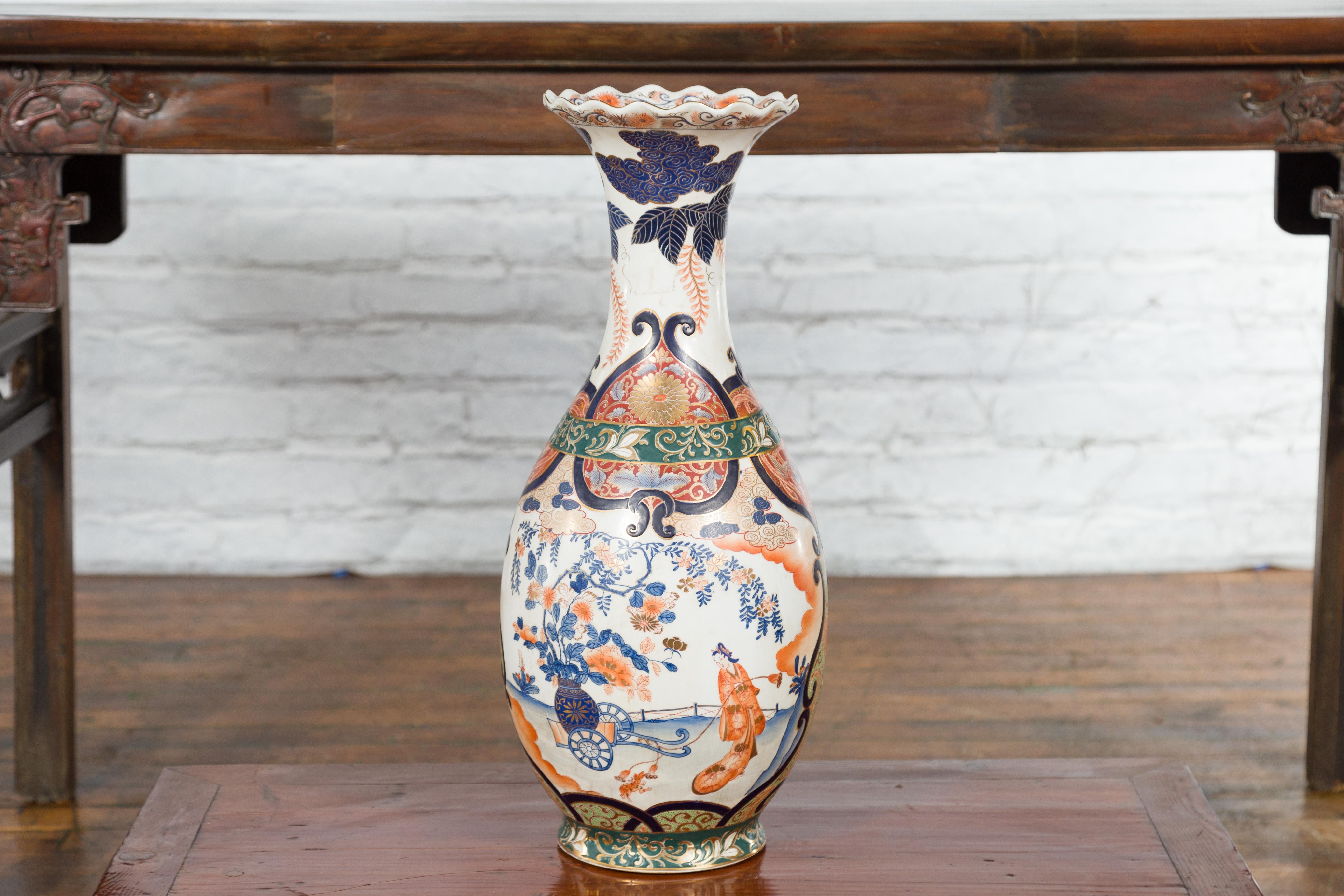 Chinese Imari Style Orange, Blue and Green Vase with Ladies in Landscapes In Good Condition For Sale In Yonkers, NY