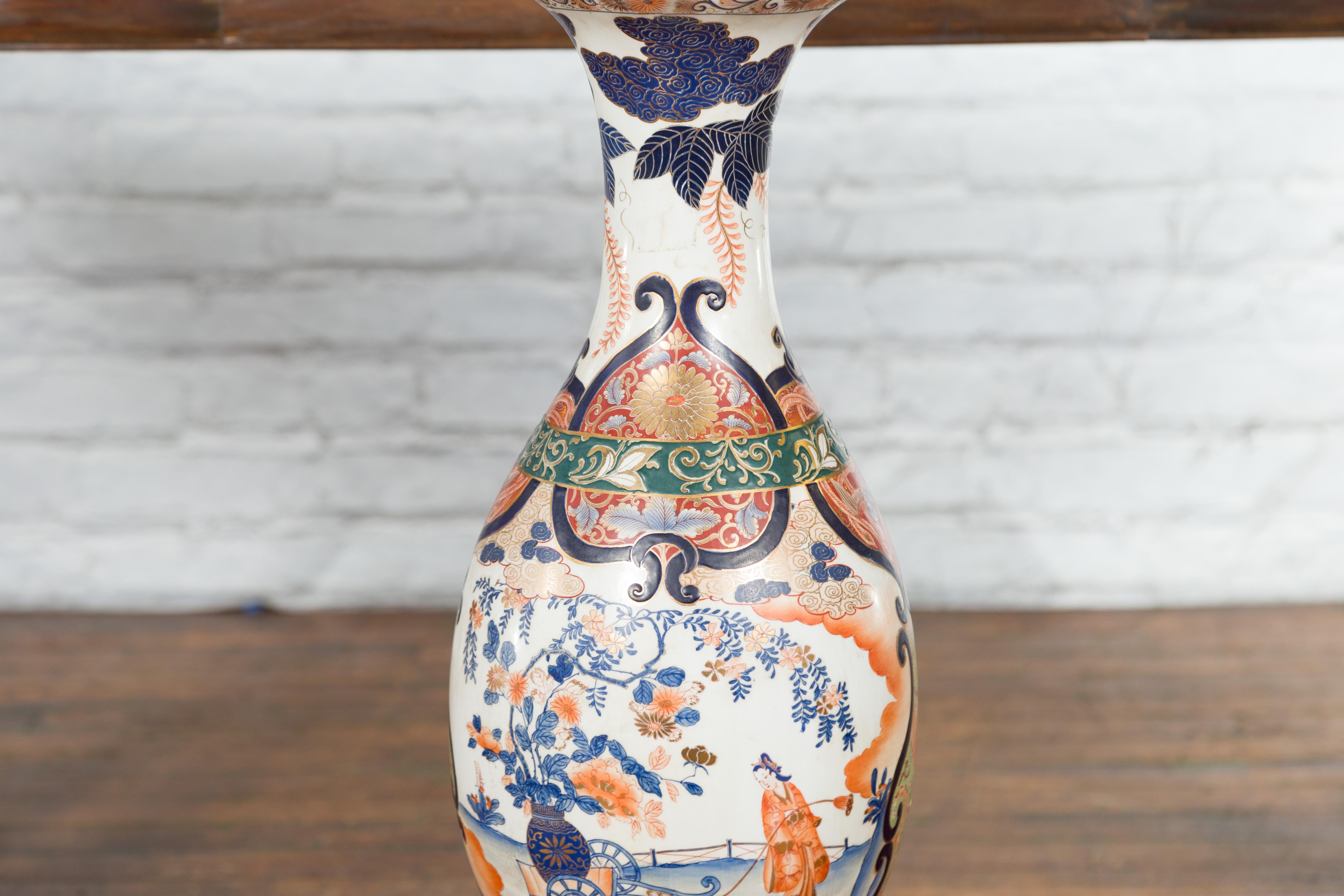 Porcelain Chinese Imari Style Orange, Blue and Green Vase with Ladies in Landscapes For Sale