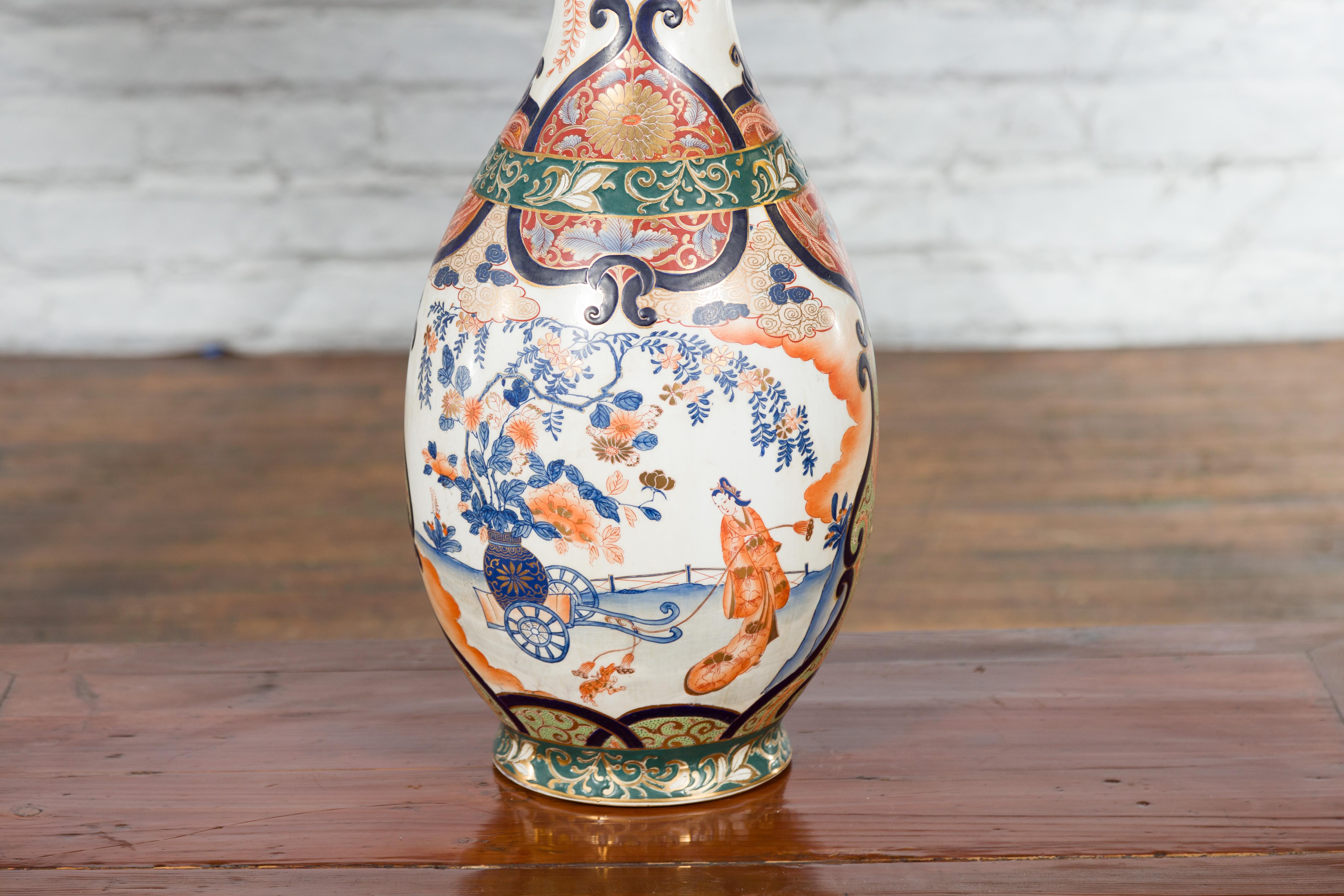 Chinese Imari Style Orange, Blue and Green Vase with Ladies in Landscapes For Sale 1