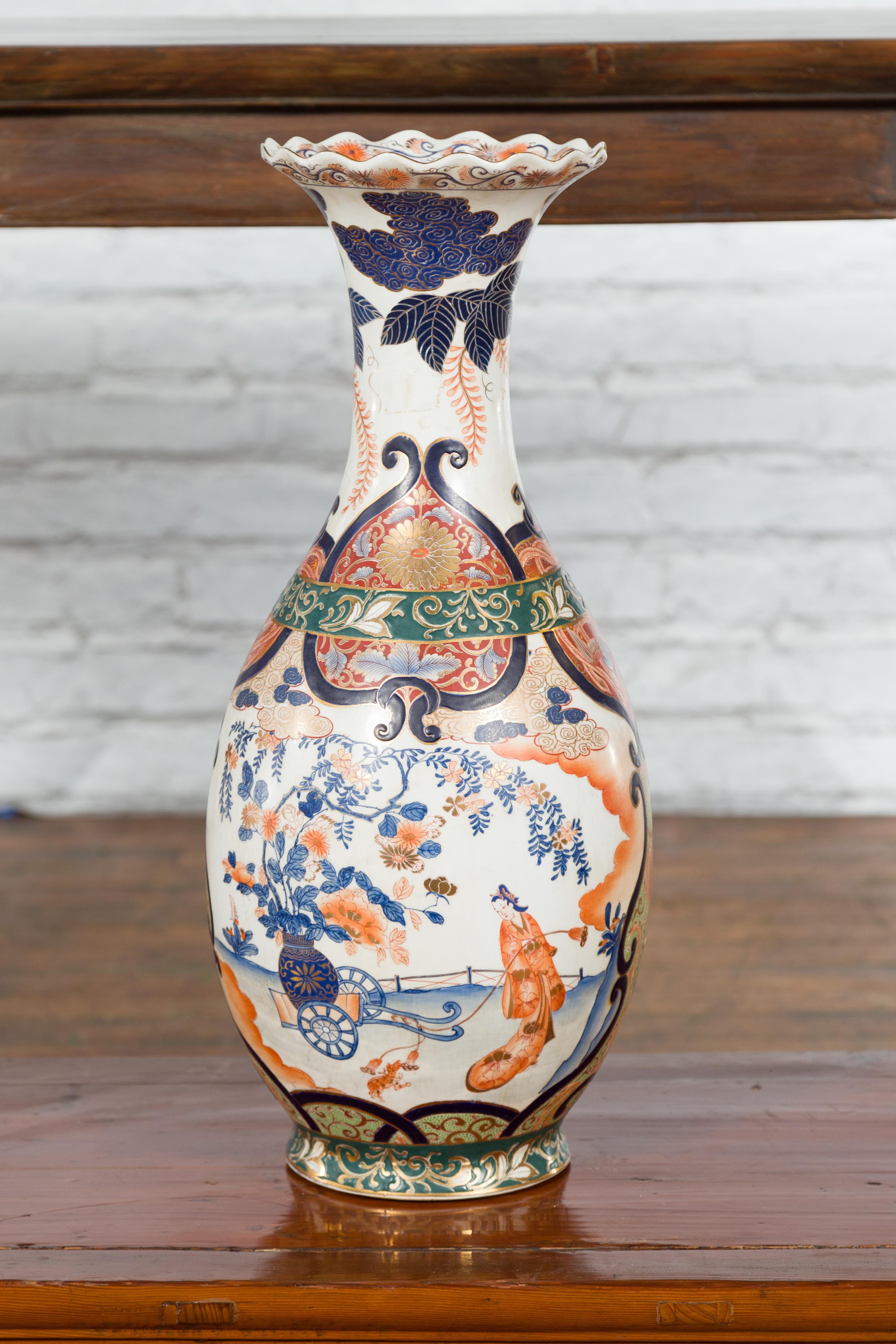Chinese Imari Style Orange, Blue and Green Vase with Ladies in Landscapes For Sale 2