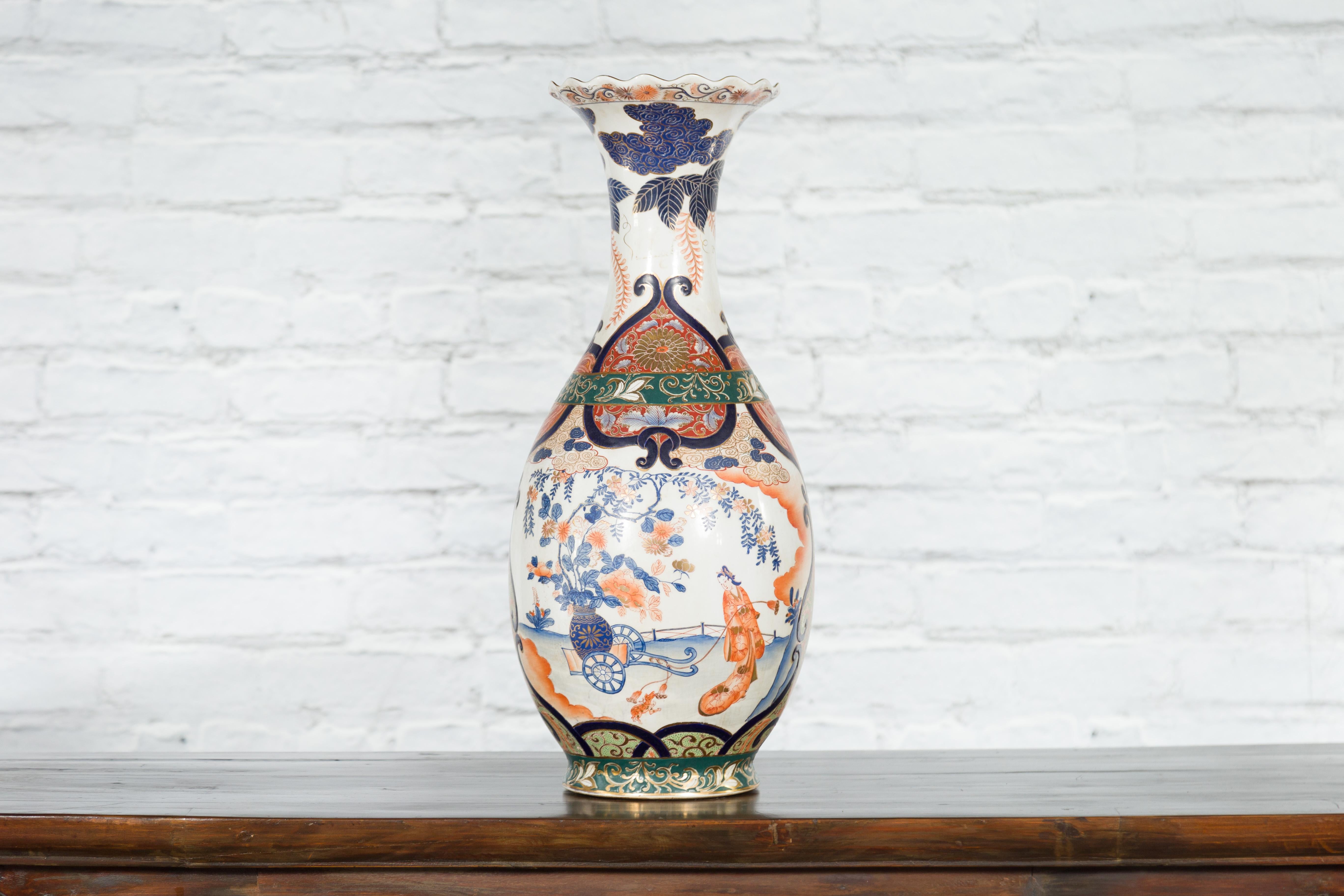 Chinese Imari Style Orange, Blue and Green Vase with Ladies in Landscapes For Sale 3