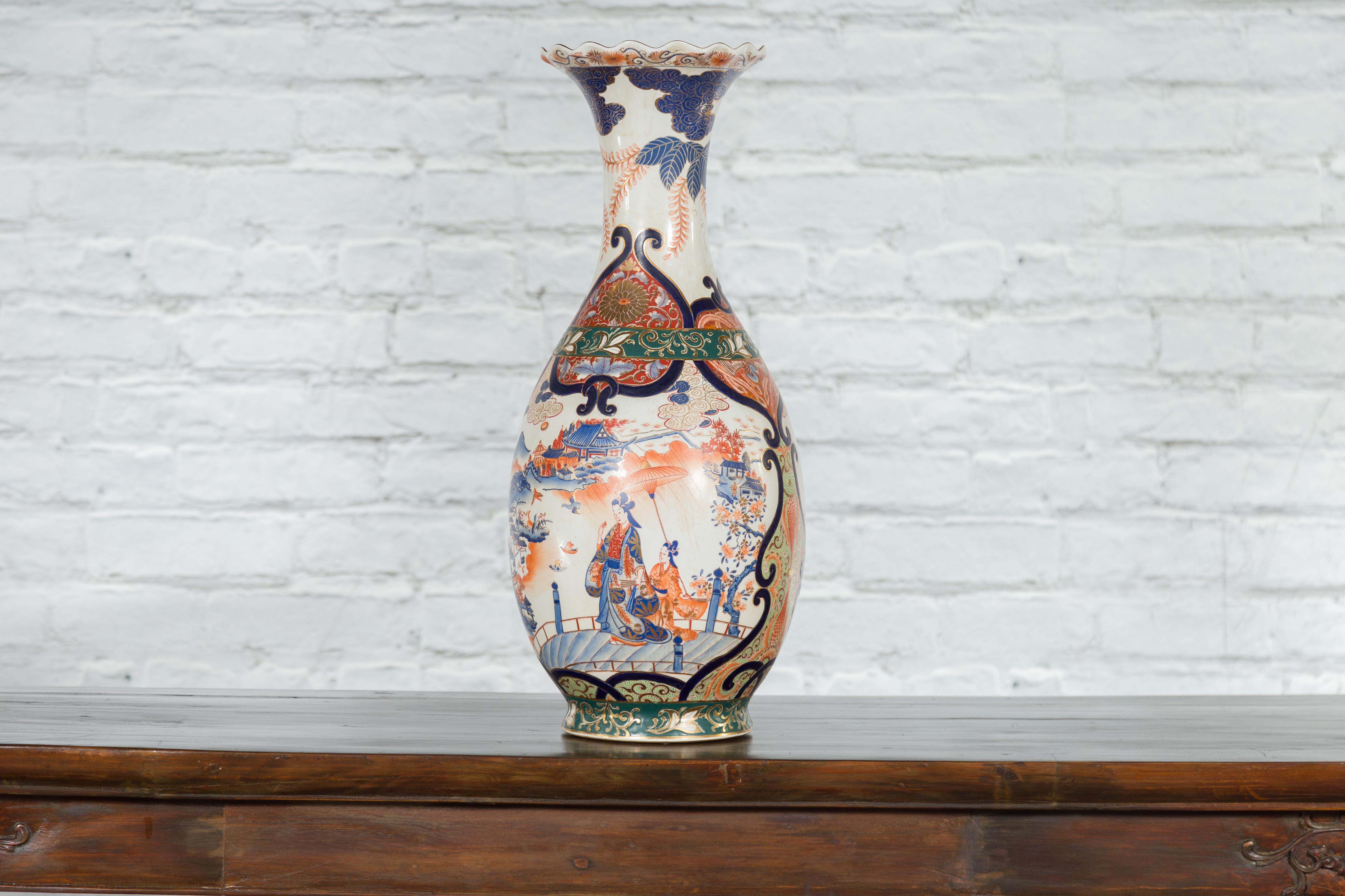 Chinese Imari Style Orange, Blue and Green Vase with Ladies in Landscapes For Sale 4