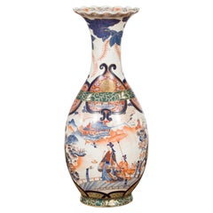 Vintage Chinese Arita Style Orange, Blue and Green Vase with Ladies in Landscapes