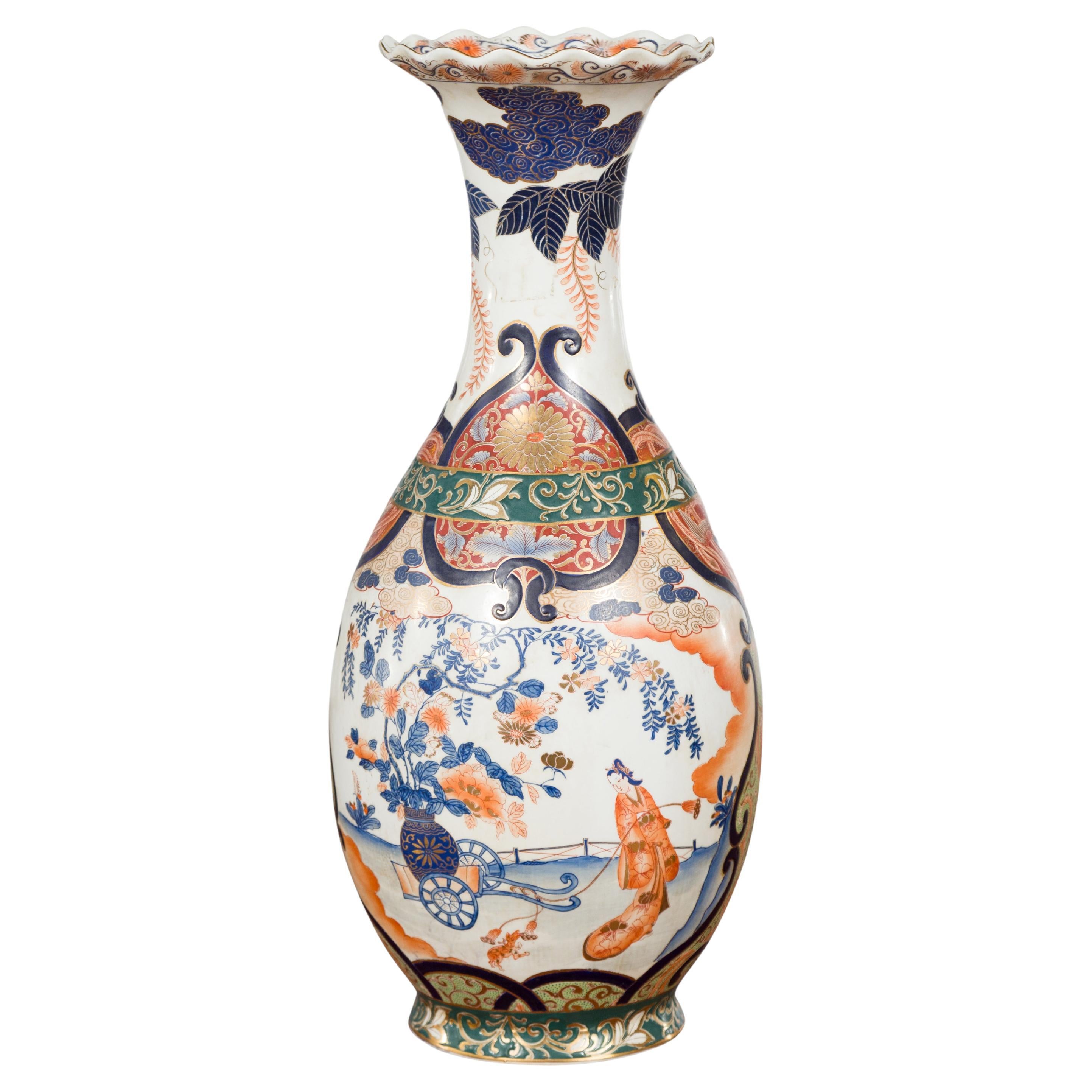 Chinese Imari Style Orange, Blue and Green Vase with Ladies in Landscapes For Sale