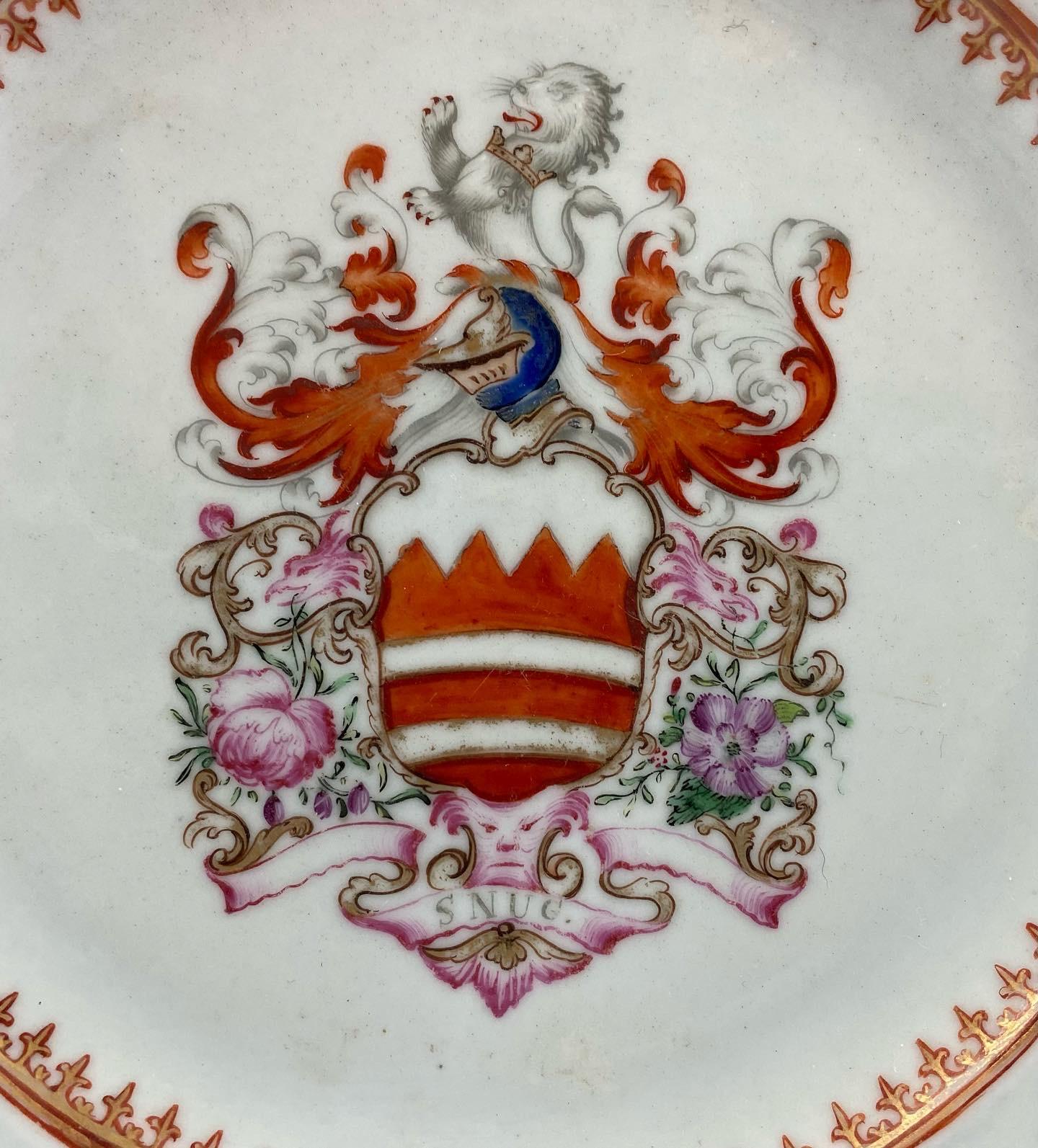 Chinese octagonal shaped porcelain armorial plate, c. 1755, Qianlong Period. Painted in famille rose enamels, to the centre with the Coat of Arms of Hare, within a continuous gilt fleur de lys motif, repeated on the outer rim.
The border with