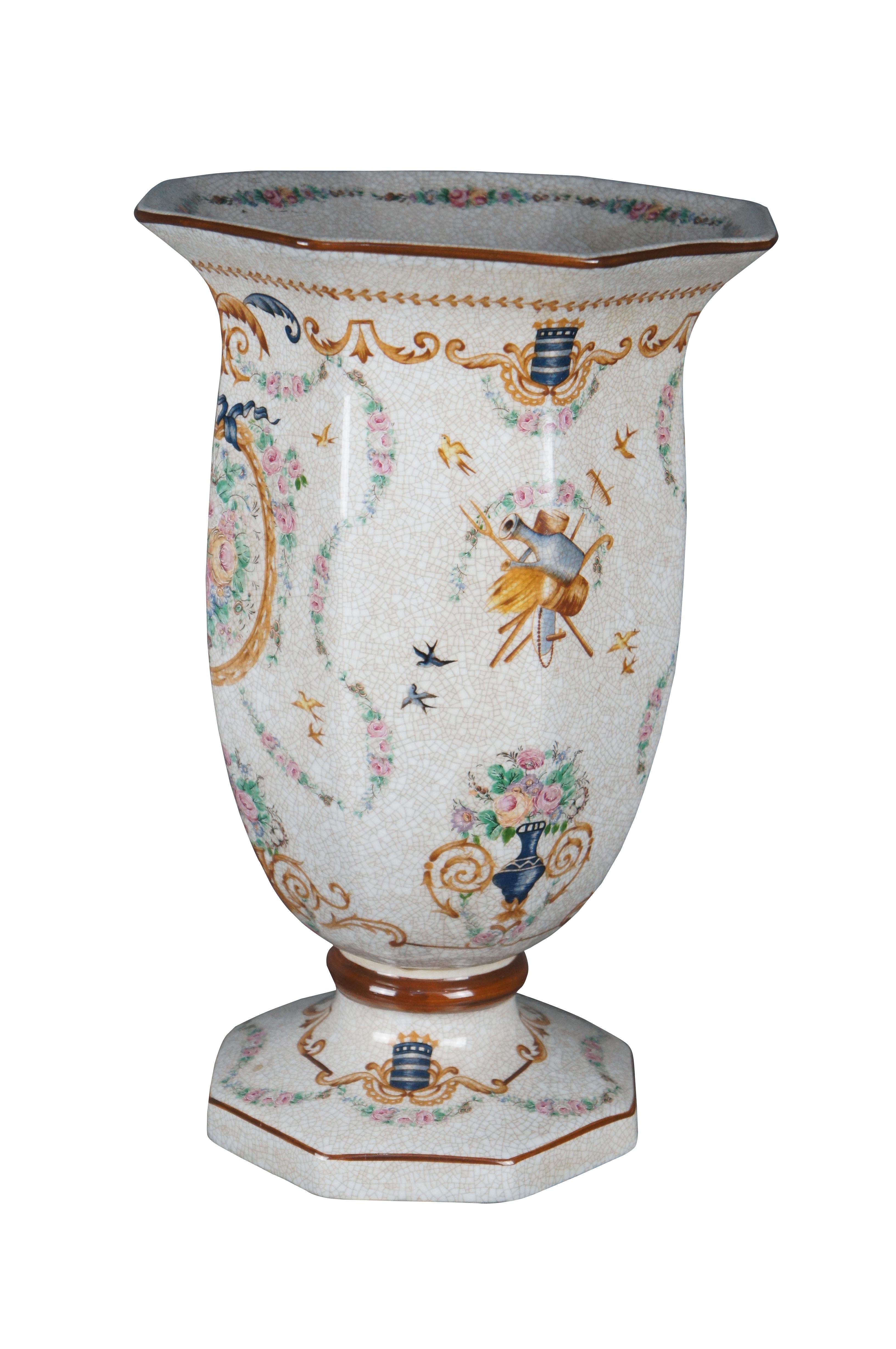 Chinoiserie Chinese Armorial Porcelain Polychrome Footed Flower Vase Urn Neoclassical 15