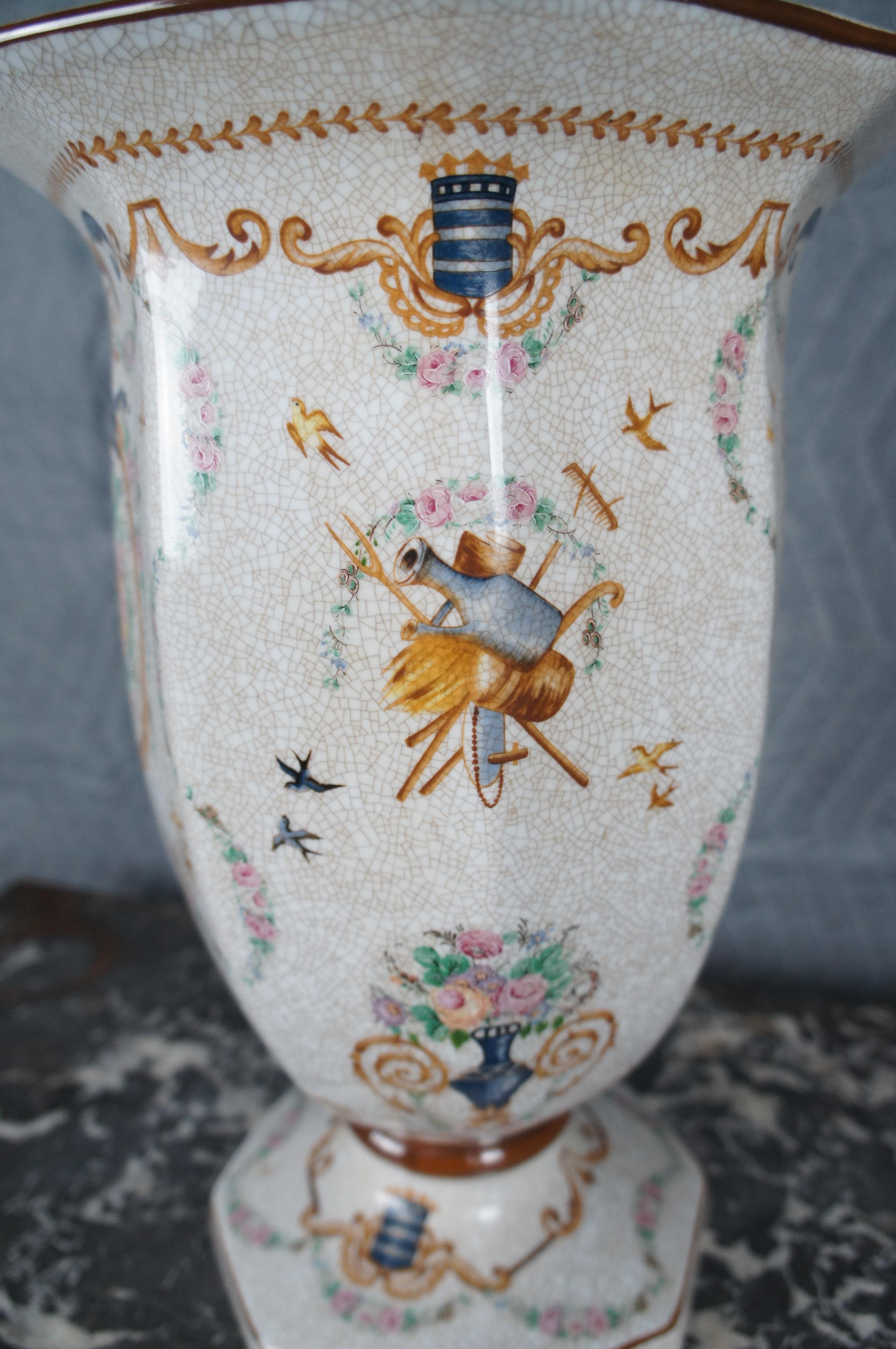 20th Century Chinese Armorial Porcelain Polychrome Footed Flower Vase Urn Neoclassical 15