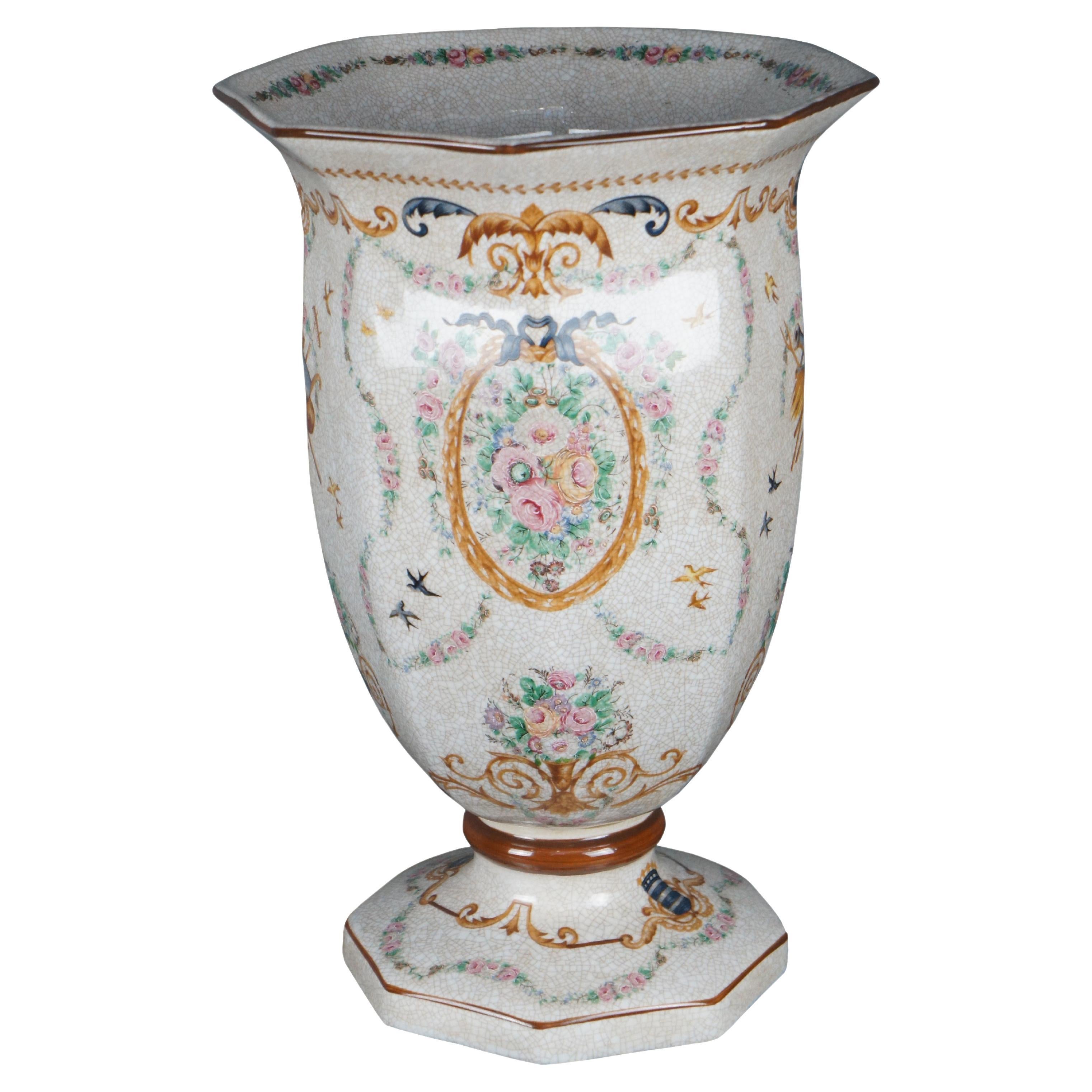 Chinese Armorial Porcelain Polychrome Footed Flower Vase Urn Neoclassical 15"