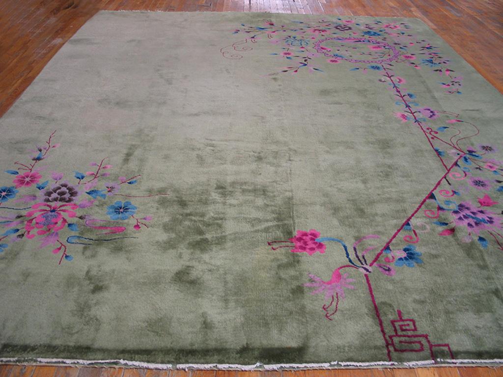 Green Chinese Art Deco rug. Measures: 8'10