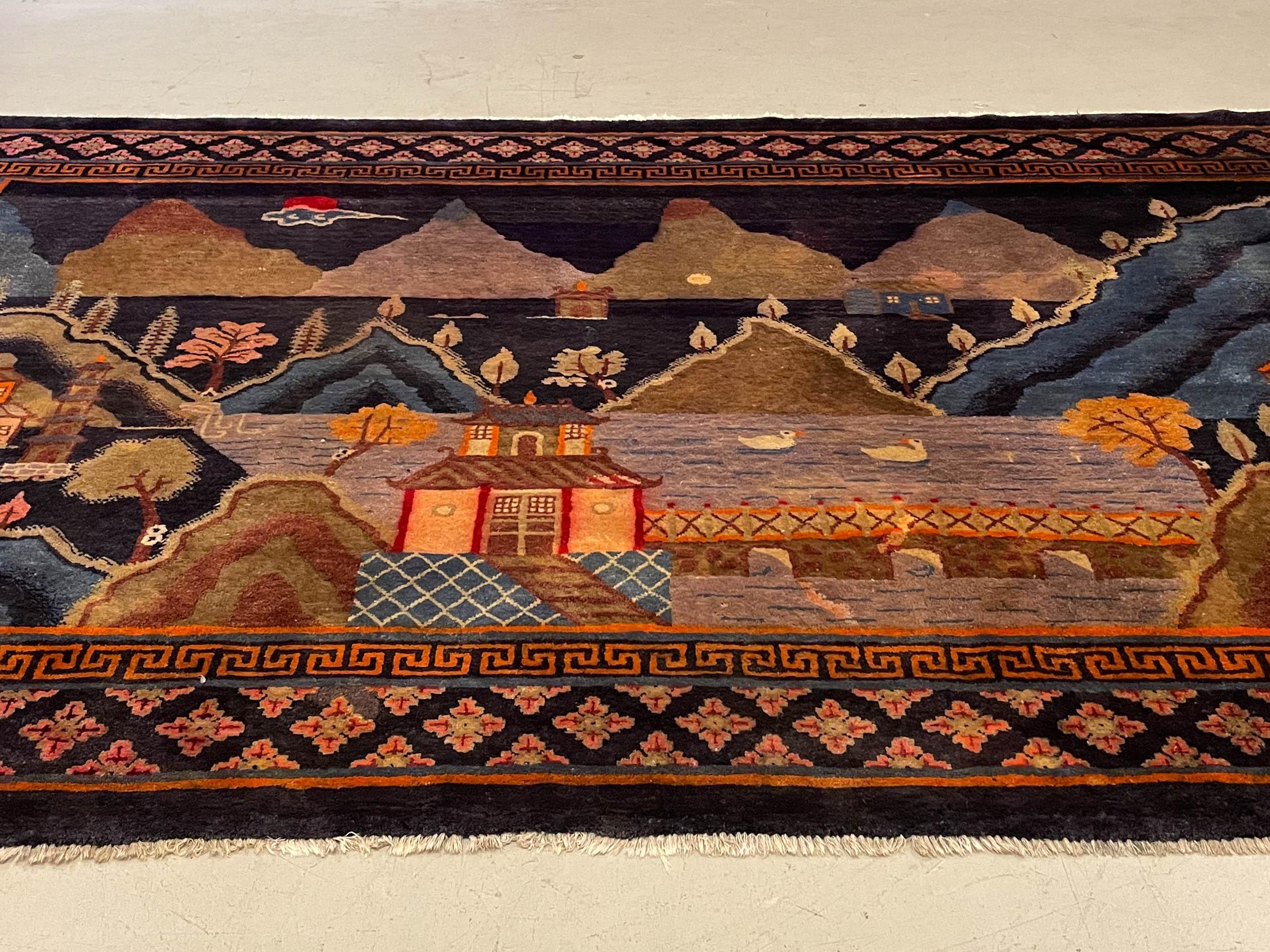 Chinese Art Deco Baotou Pictorial Landscape Rug For Sale 10