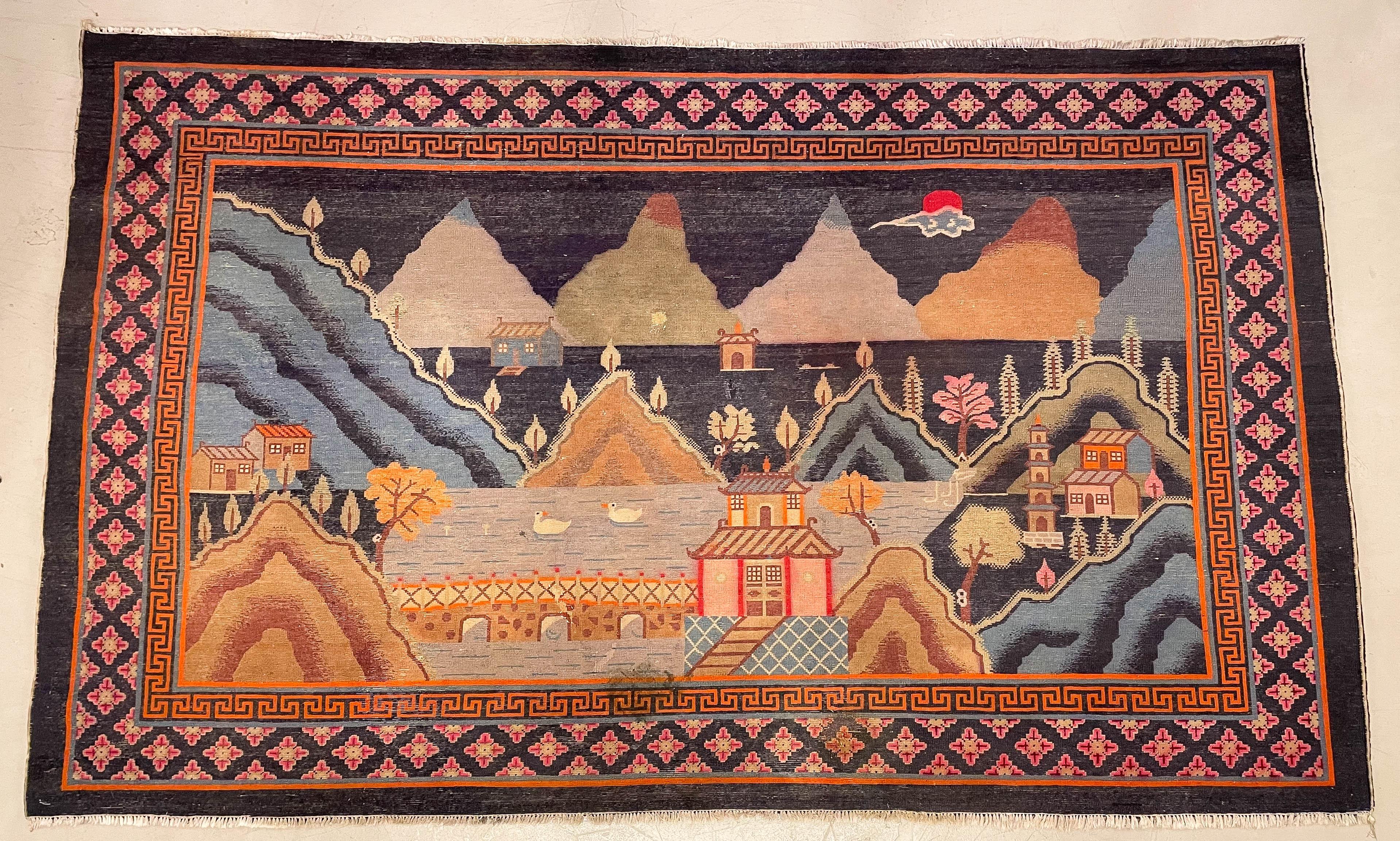 Chinese Art Deco Baotou Pictorial Landscape Rug For Sale 11
