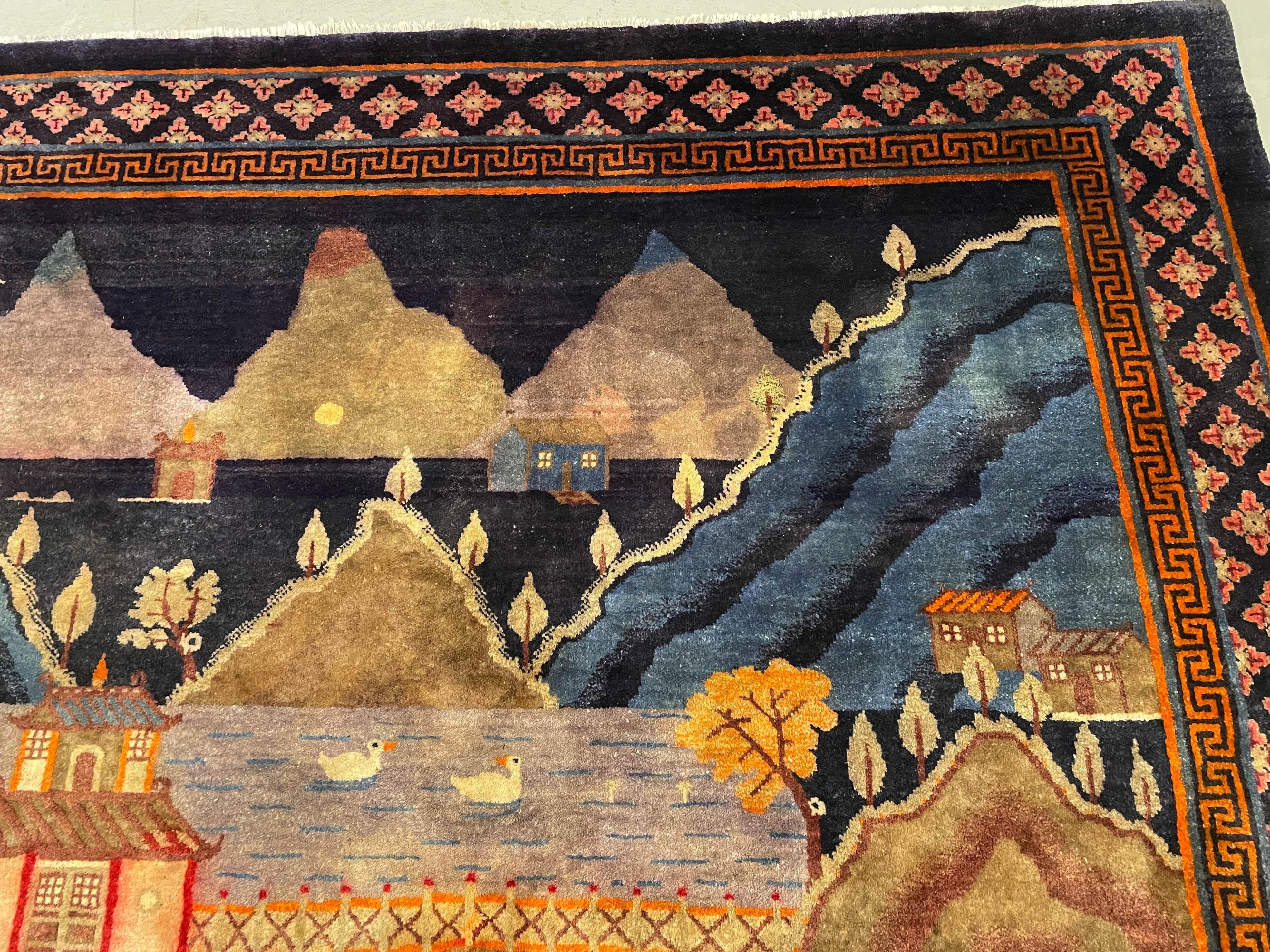 Mongolian Chinese Art Deco Baotou Pictorial Landscape Rug For Sale