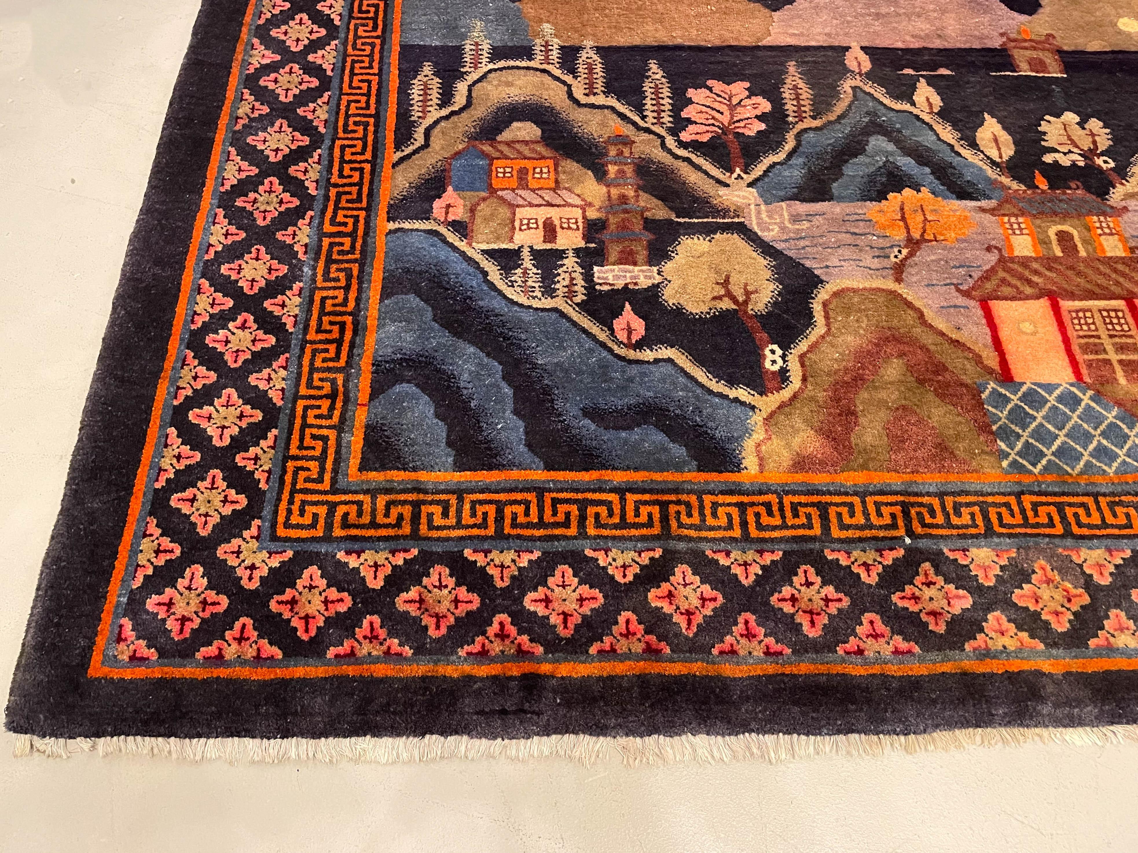 Hand-Woven Chinese Art Deco Baotou Pictorial Landscape Rug For Sale