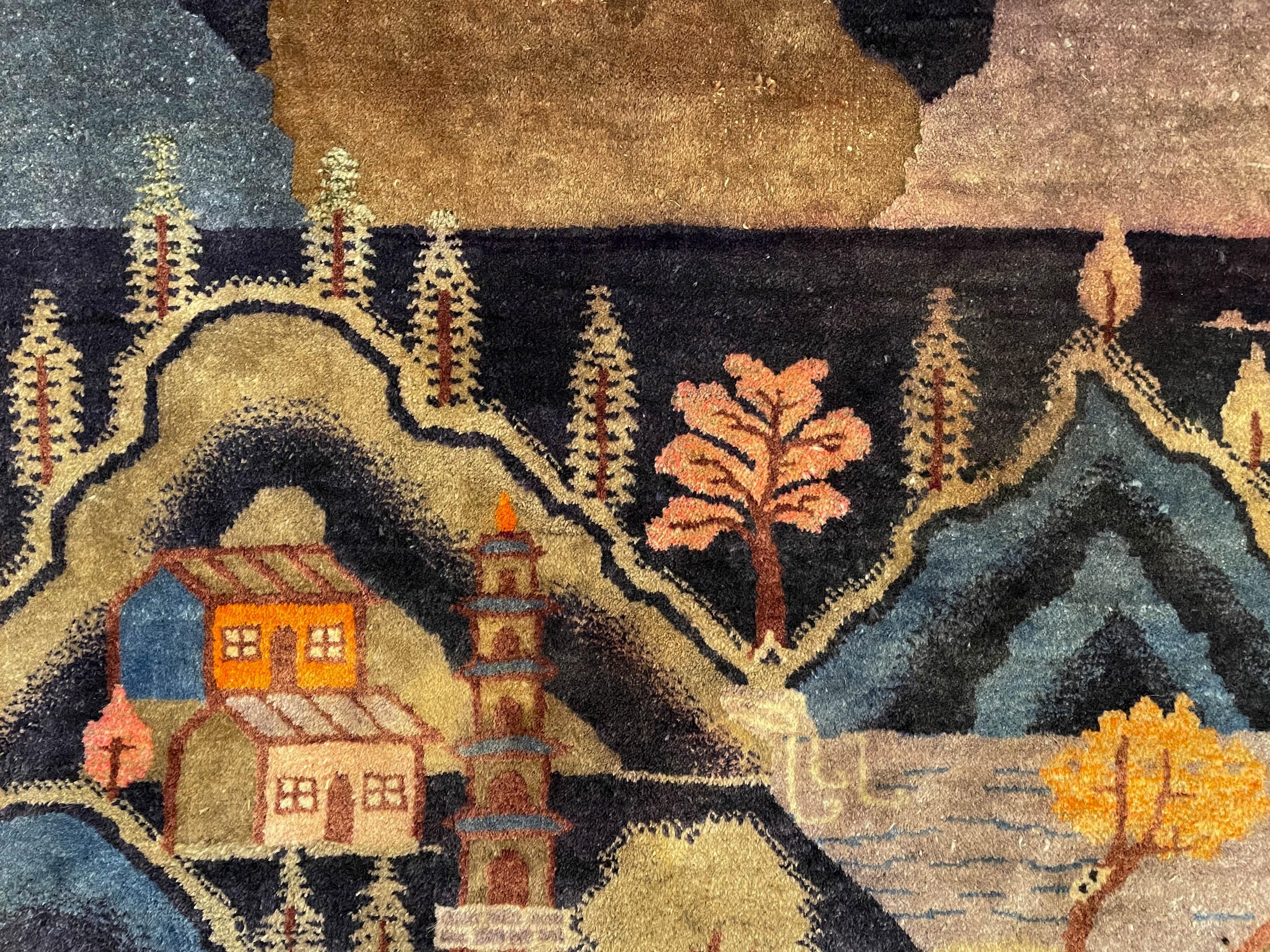 Wool Chinese Art Deco Baotou Pictorial Landscape Rug For Sale