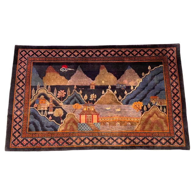 Antique Chinese Art Deco Pictorial Rug with Fishing Village Landscape ...