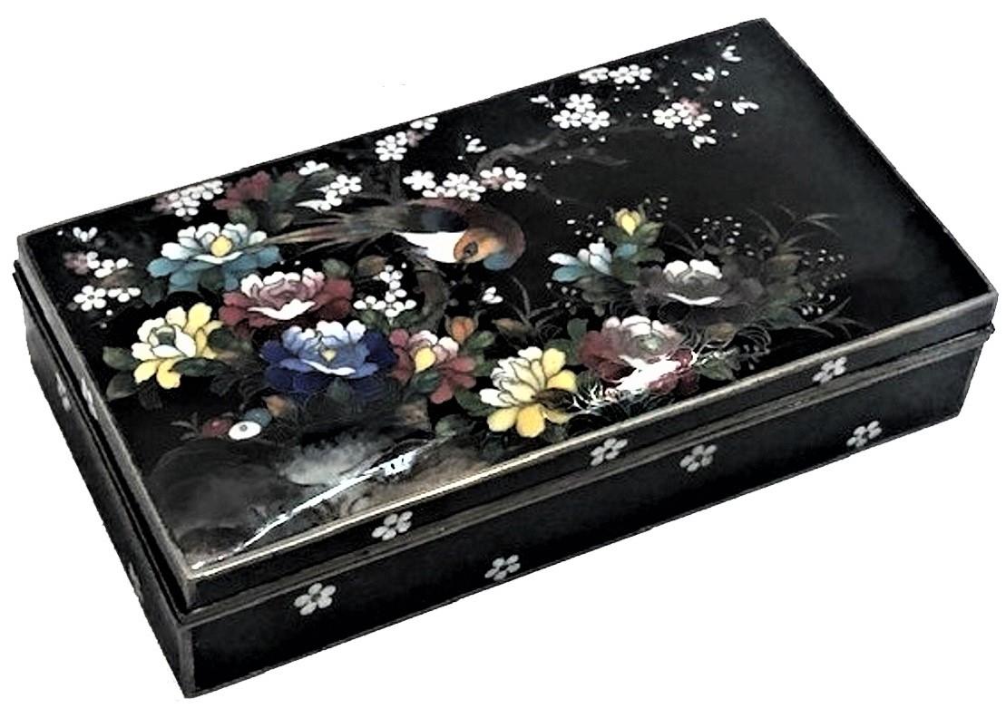 Chinese Art Deco
Bird & Flower Motif
Cloisonné enamel trinket box
ca. 1920

DIMENSIONS: 
Height: 1.75 inches 
Width: 6.75inches 
Depth: 3.75 inches.
 