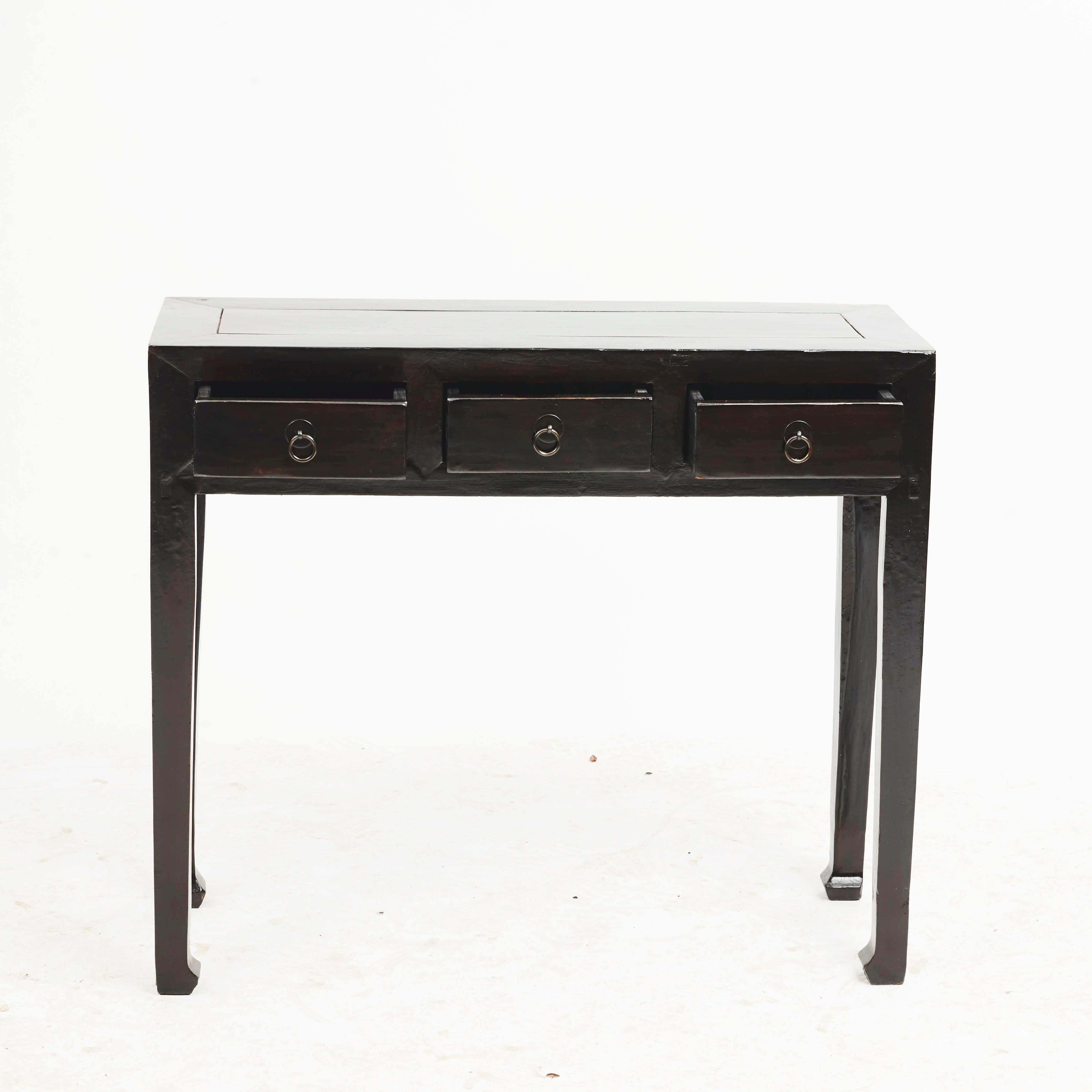 Lacquered Chinese Art Deco Black Lacquer Console Table with 3 Drawers, 1900-1920