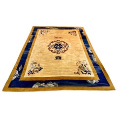 Chinese Art Deco Blue and Gold Hand Knotted Wool Rug