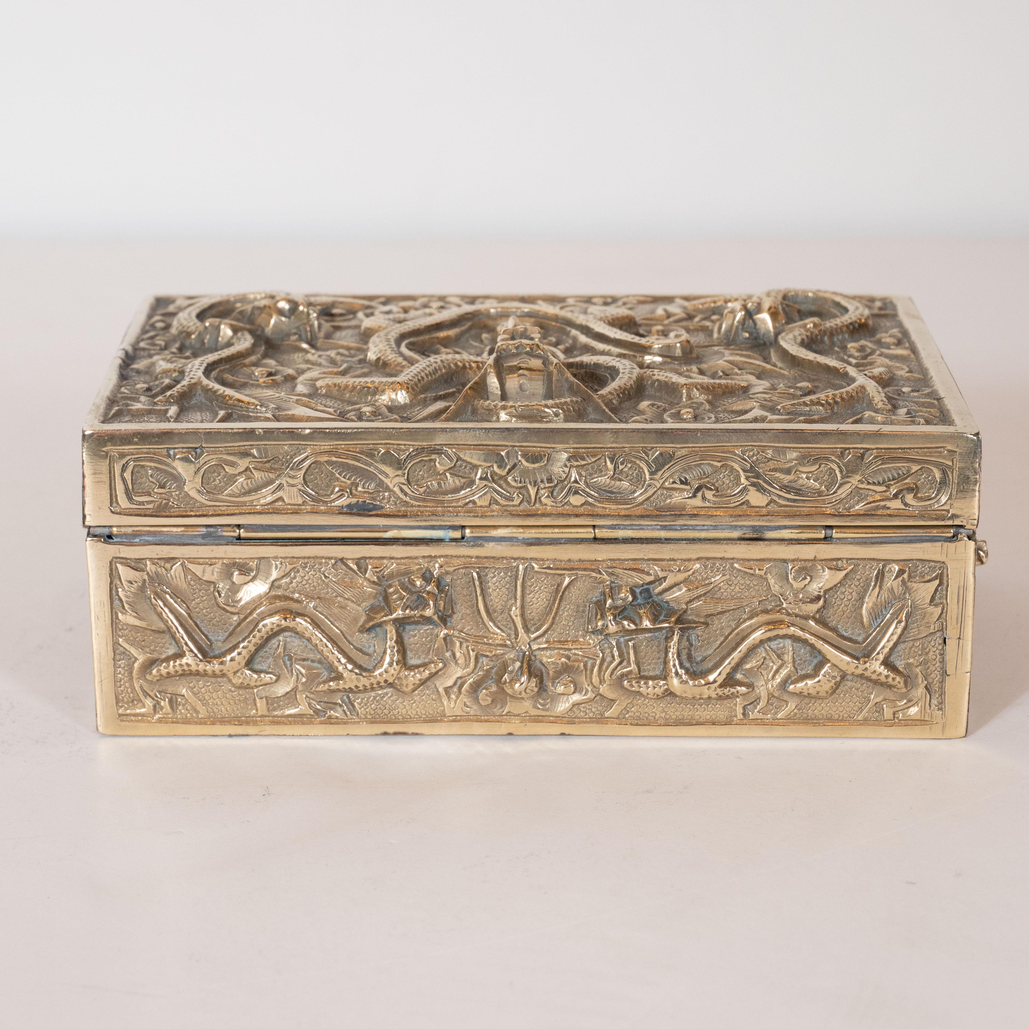 Art Deco Brass Rectangular Decorative Box with Dragon Motif in High Relief 5