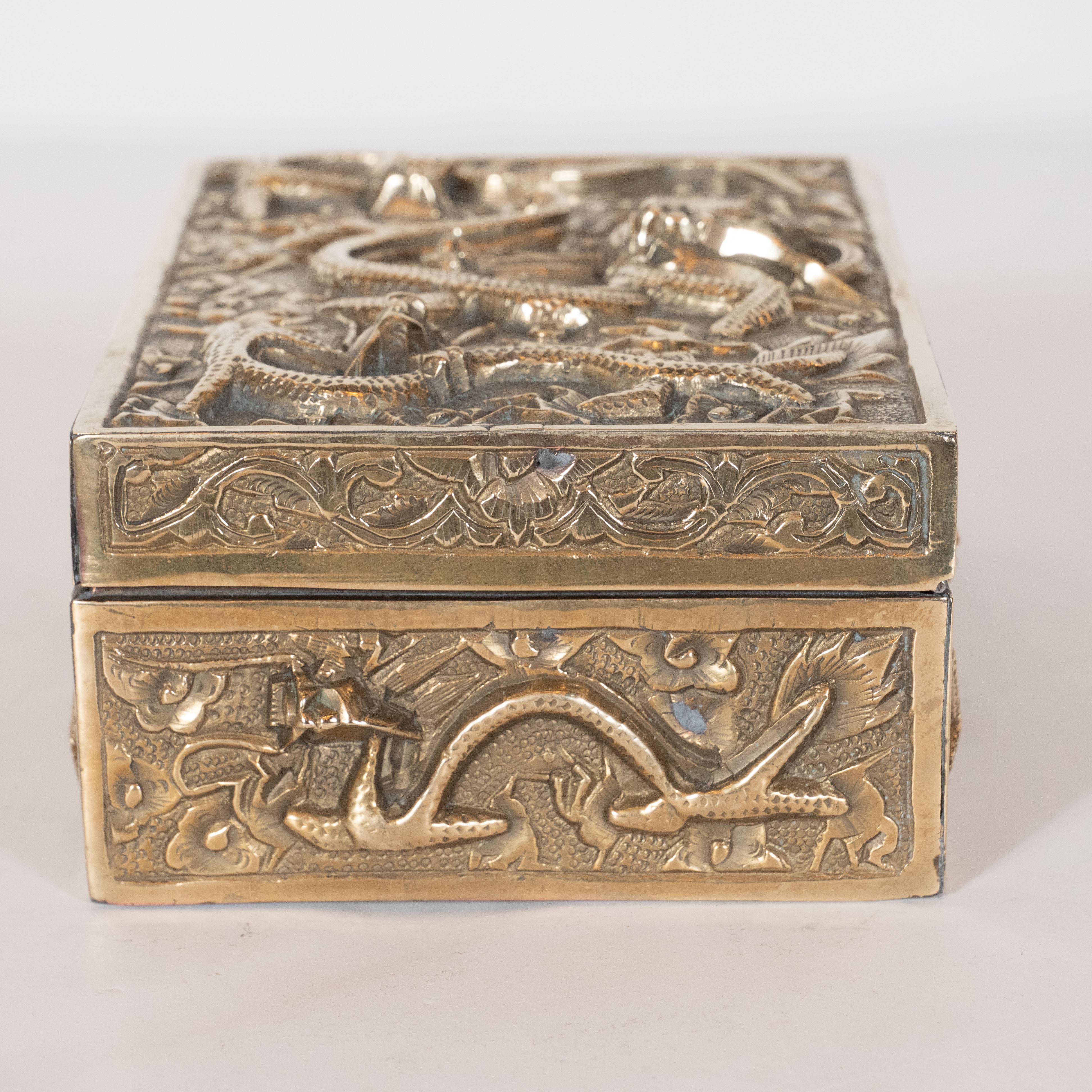 Art Deco Brass Rectangular Decorative Box with Dragon Motif in High Relief 6