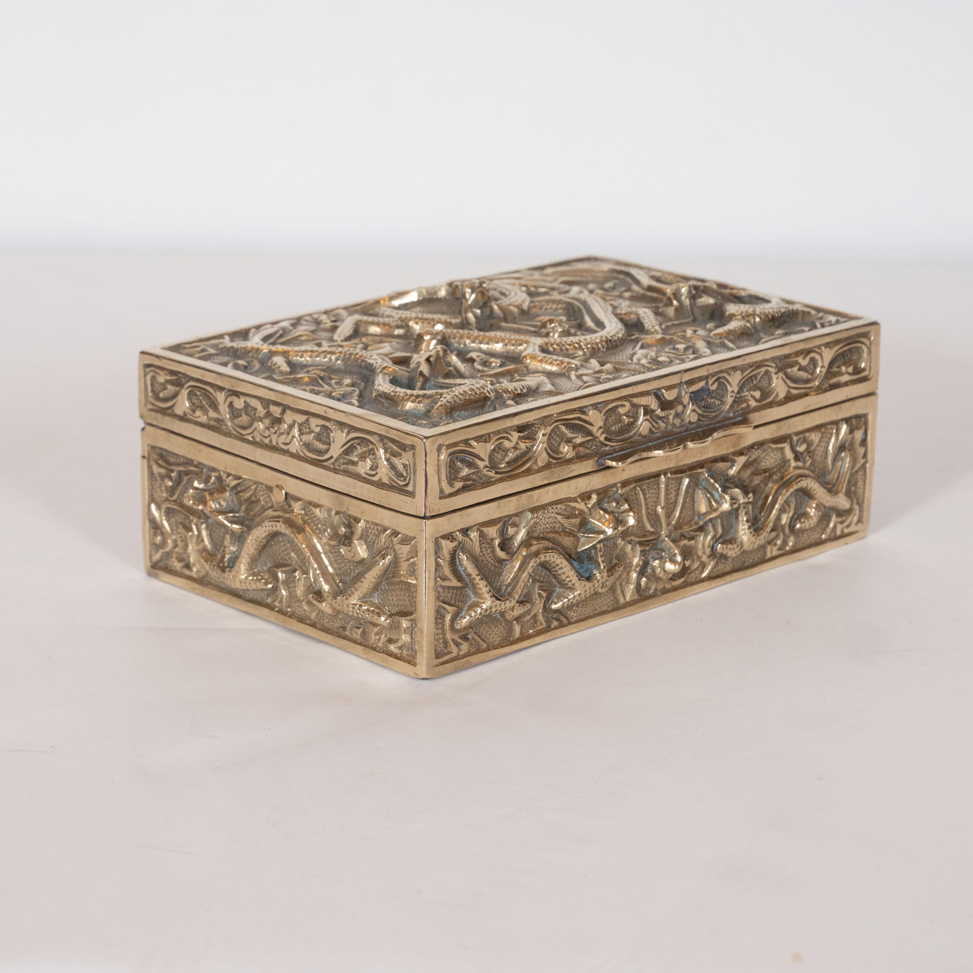 Art Deco Brass Rectangular Decorative Box with Dragon Motif in High Relief In Distressed Condition In New York, NY