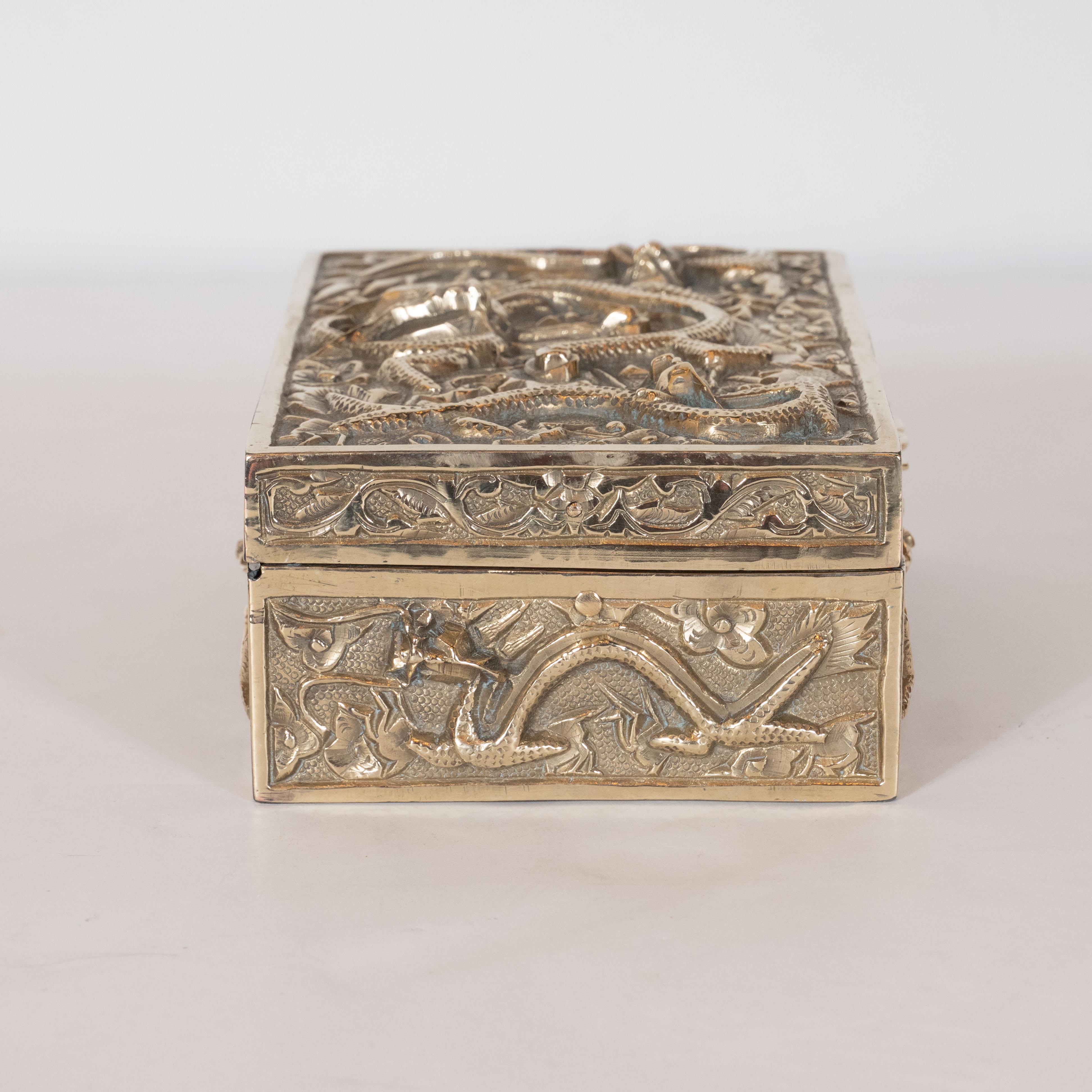 Mid-20th Century Art Deco Brass Rectangular Decorative Box with Dragon Motif in High Relief