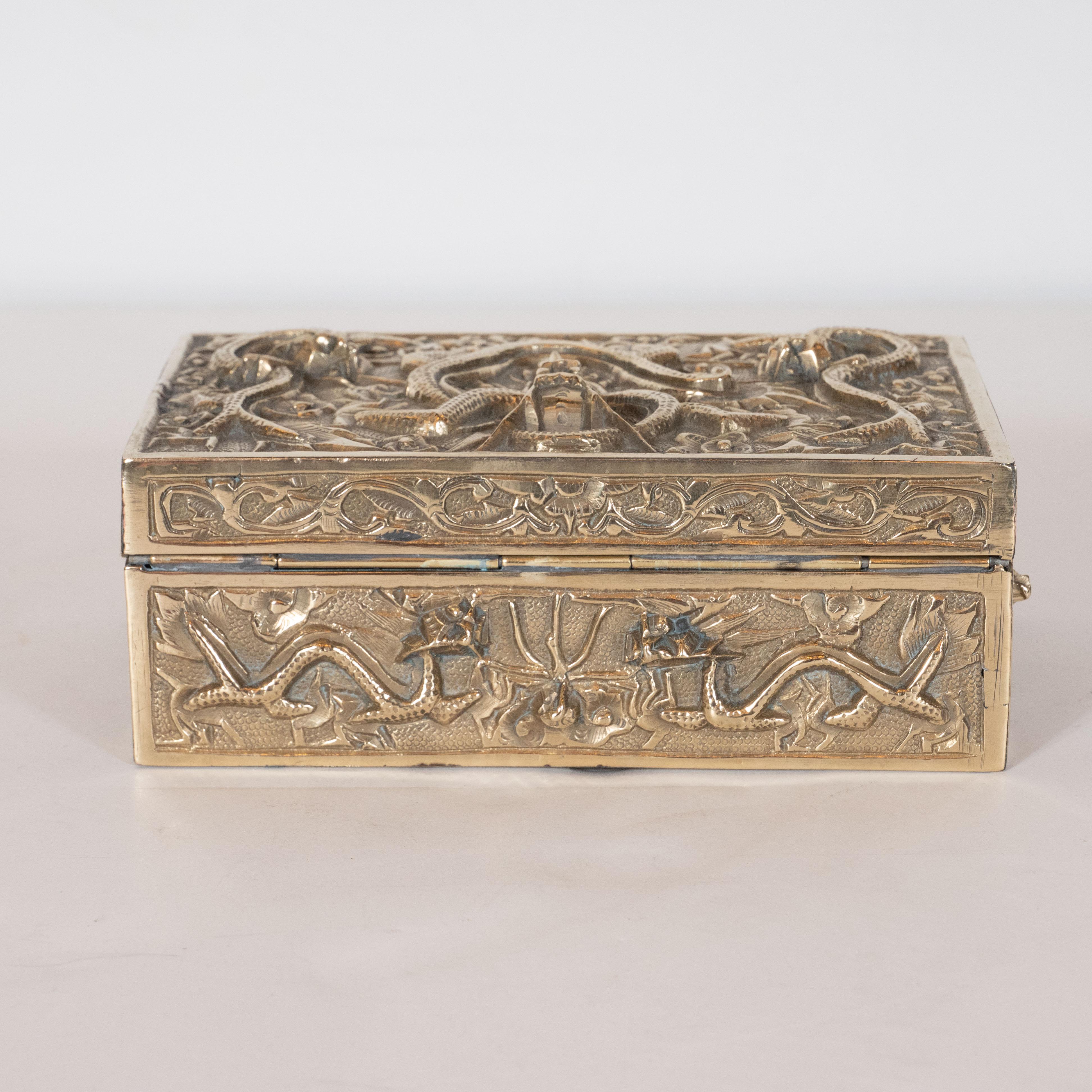 Art Deco Brass Rectangular Decorative Box with Dragon Motif in High Relief 1