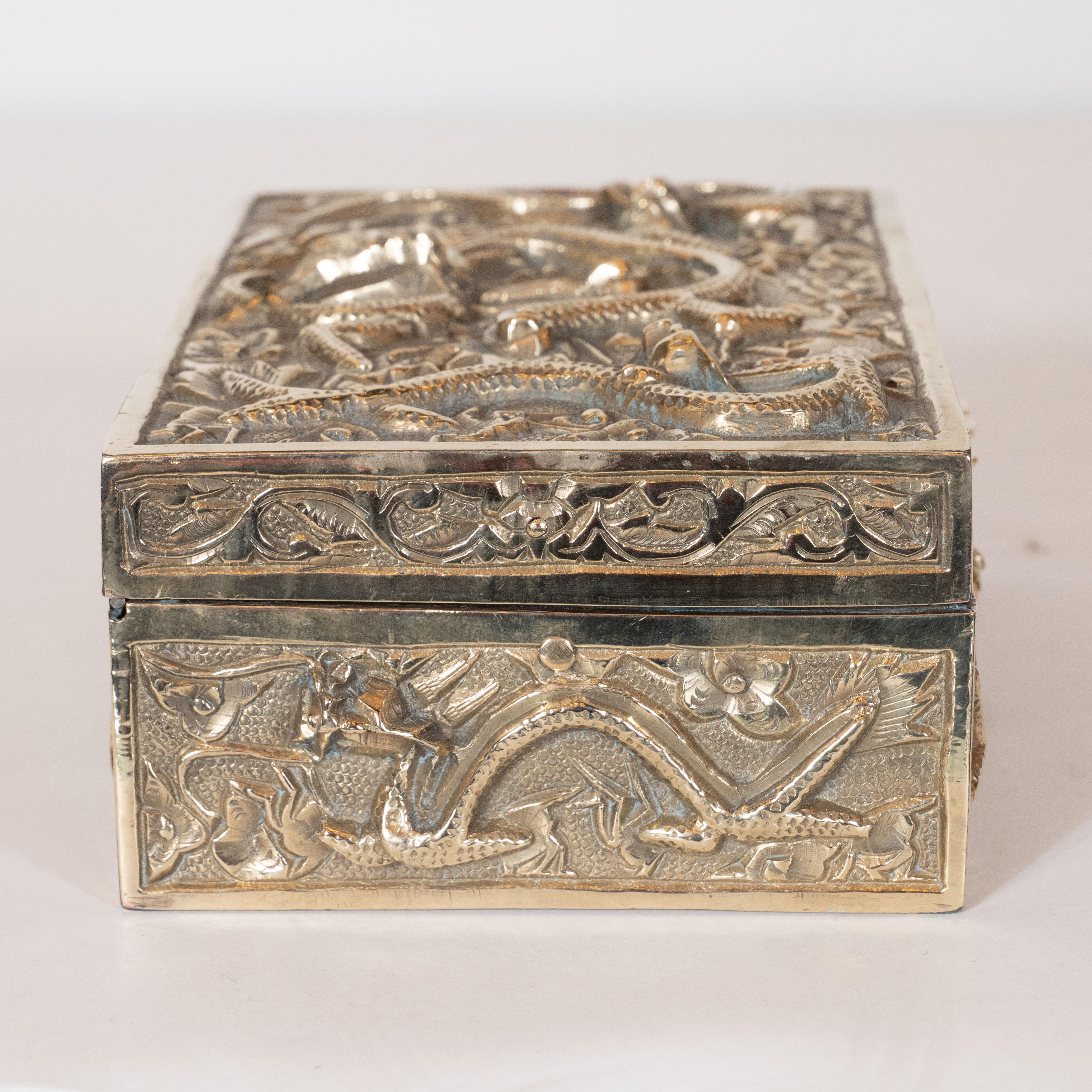 Art Deco Brass Rectangular Decorative Box with Dragon Motif in High Relief 4