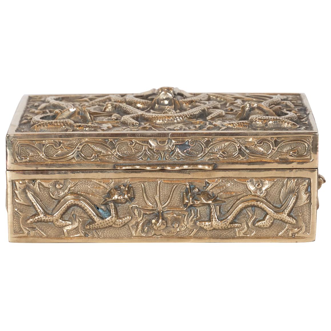 Art Deco Brass Rectangular Decorative Box with Dragon Motif in High Relief