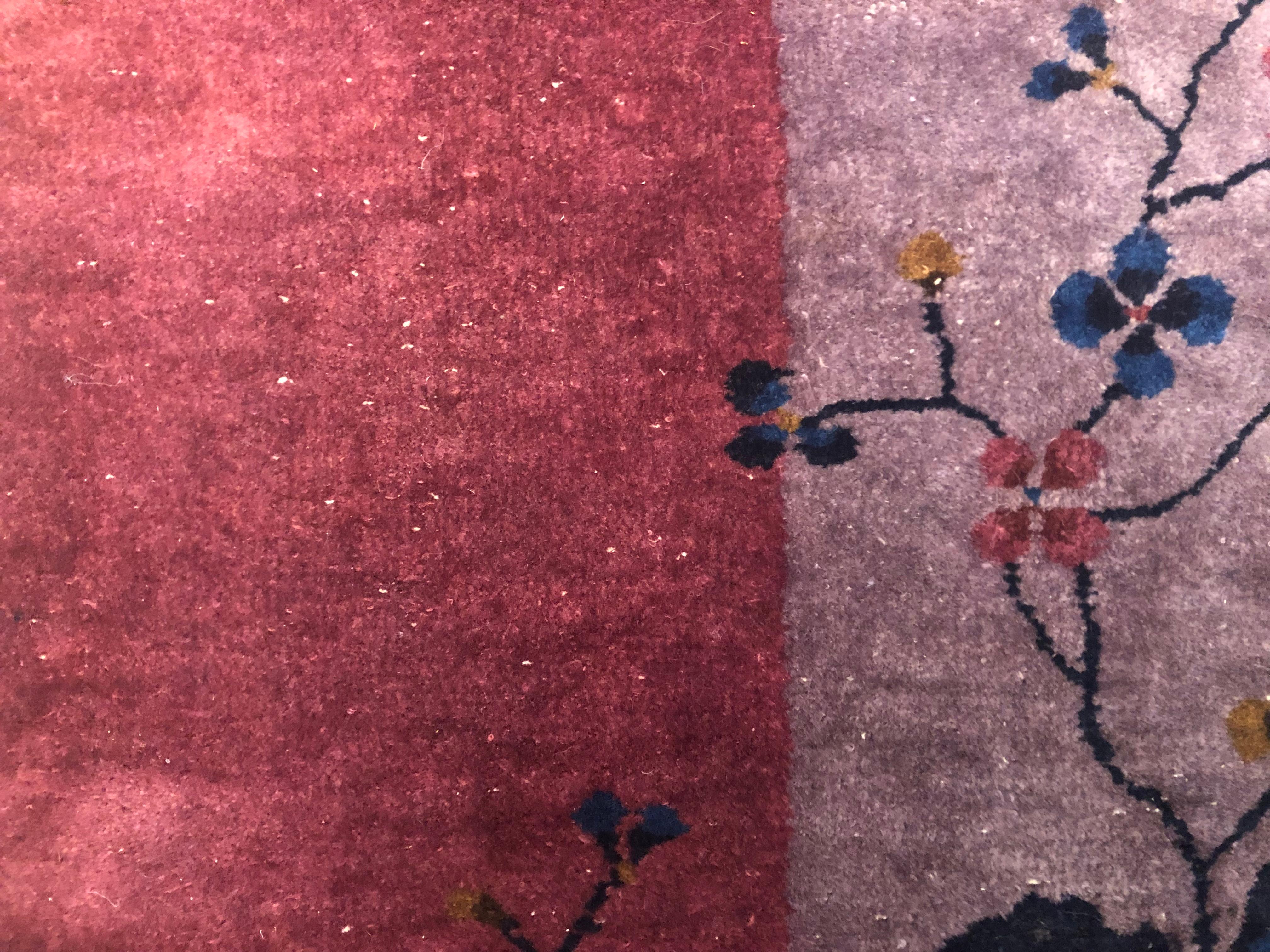 Unusual Chinese Art Deco Carpet in pink and purple tones with blue accents For Sale 7