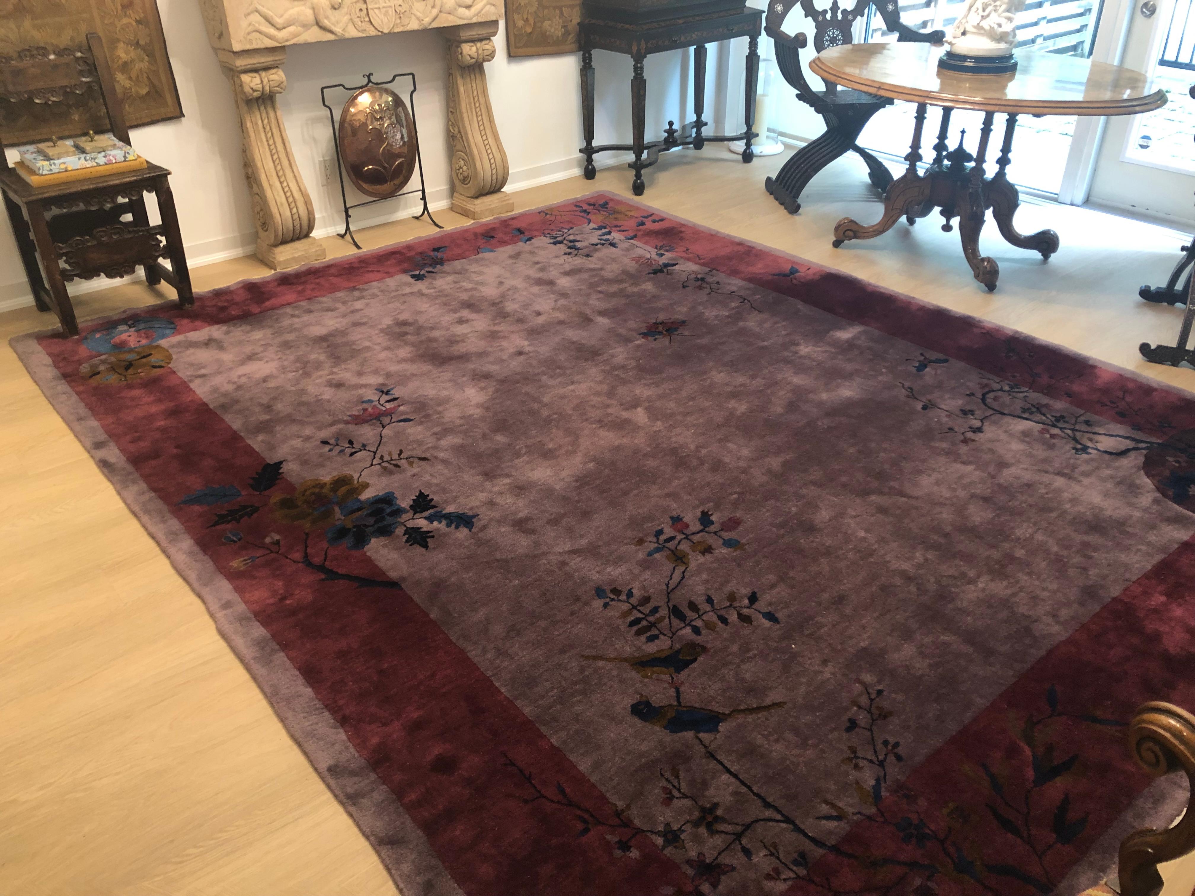 Unusual Chinese Art Deco Carpet in pink and purple tones with blue accents For Sale 8