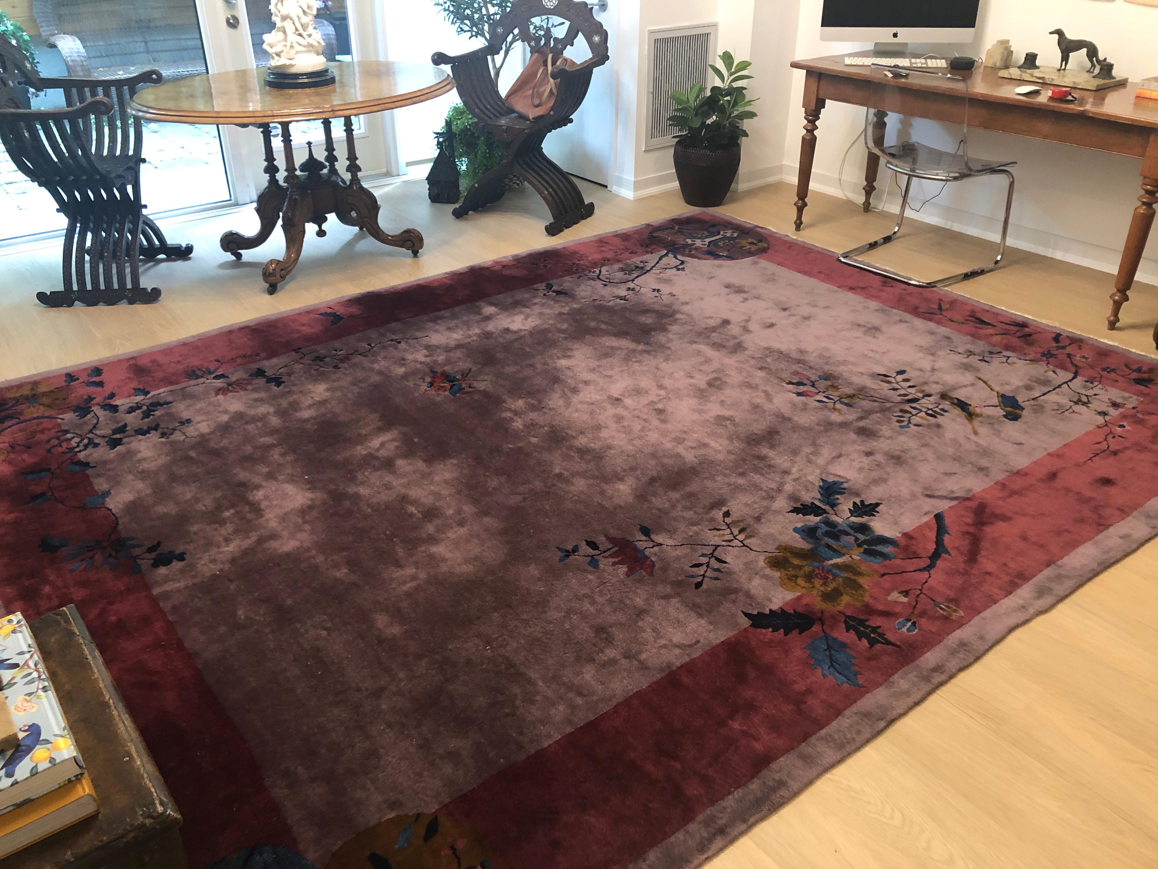 Unusual Chinese Art Deco Carpet in pink and purple tones with blue accents For Sale 9