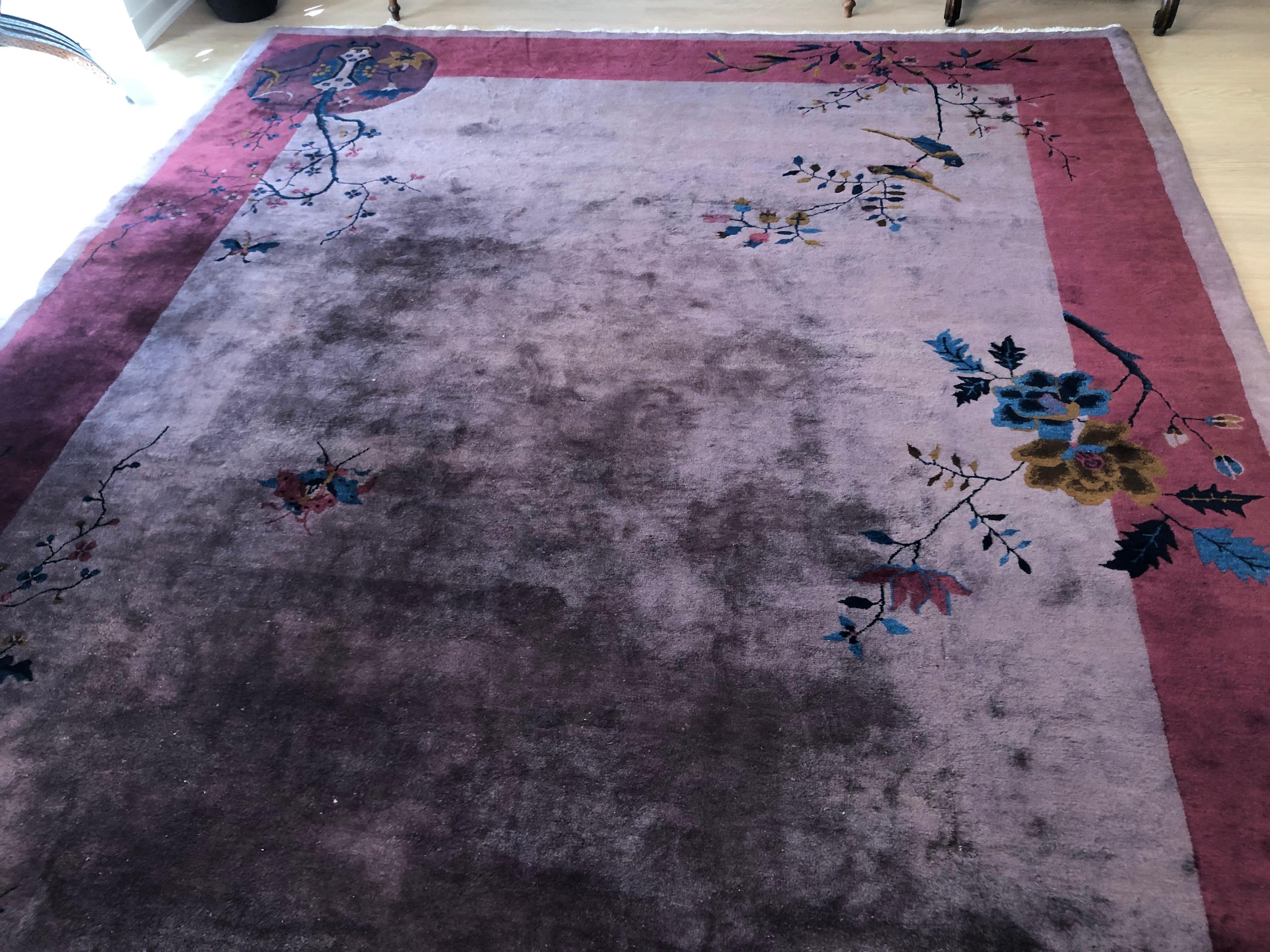 Woven Unusual Chinese Art Deco Carpet in pink and purple tones with blue accents For Sale