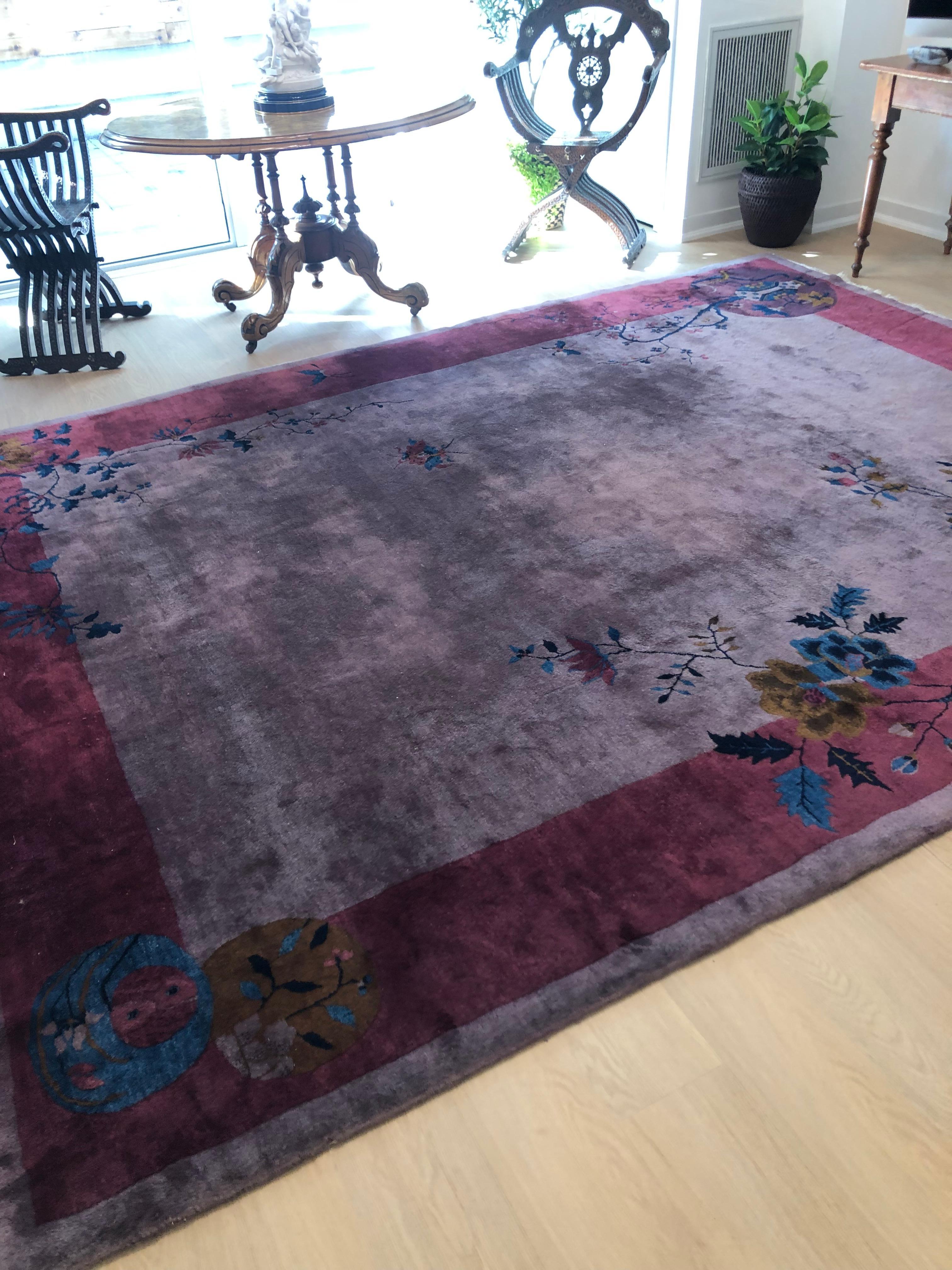 Unusual Chinese Art Deco Carpet in pink and purple tones with blue accents For Sale 3