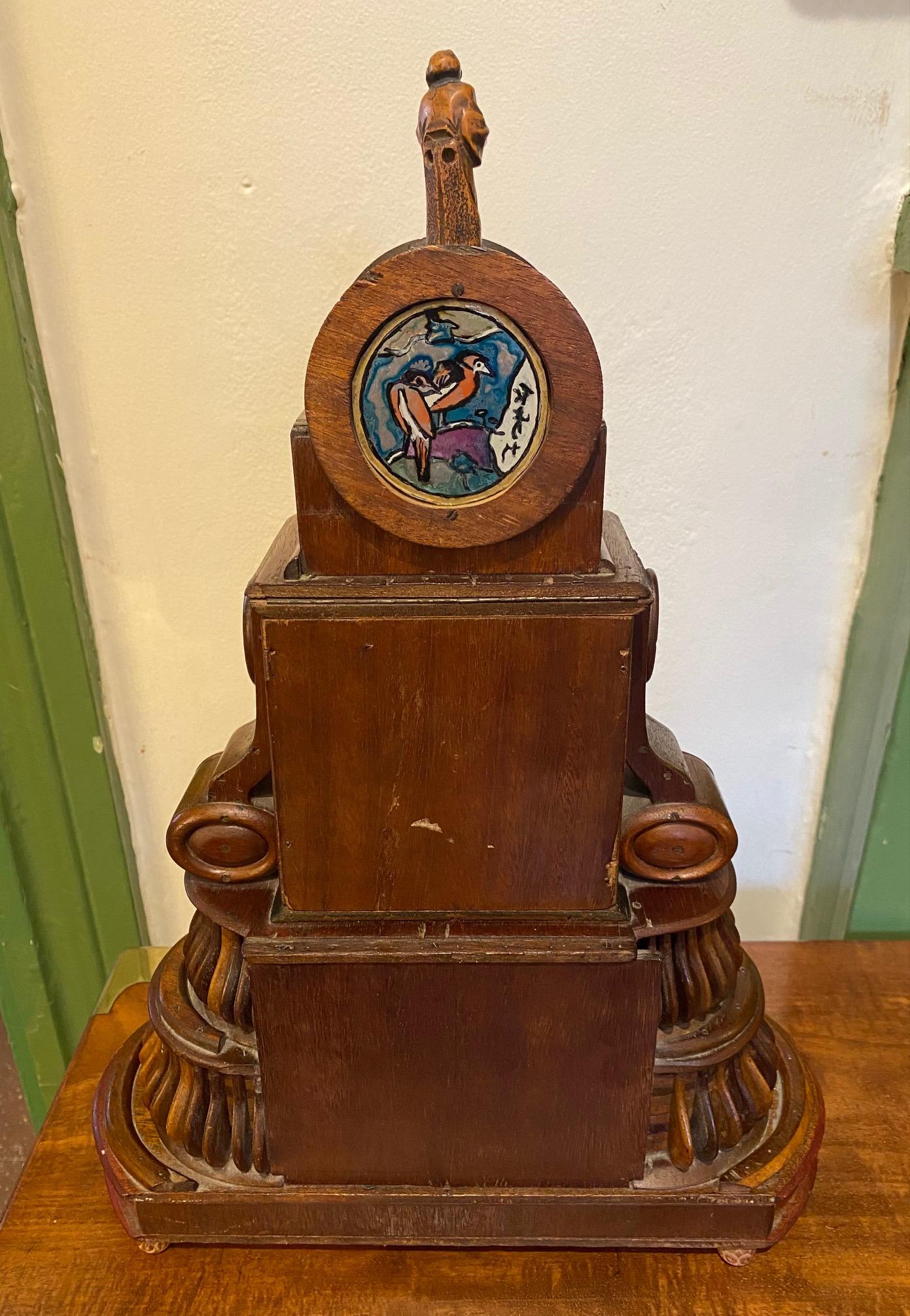 Chinese Art Deco Carved Mahogany Mantle Clock, circa 1900 For Sale 2