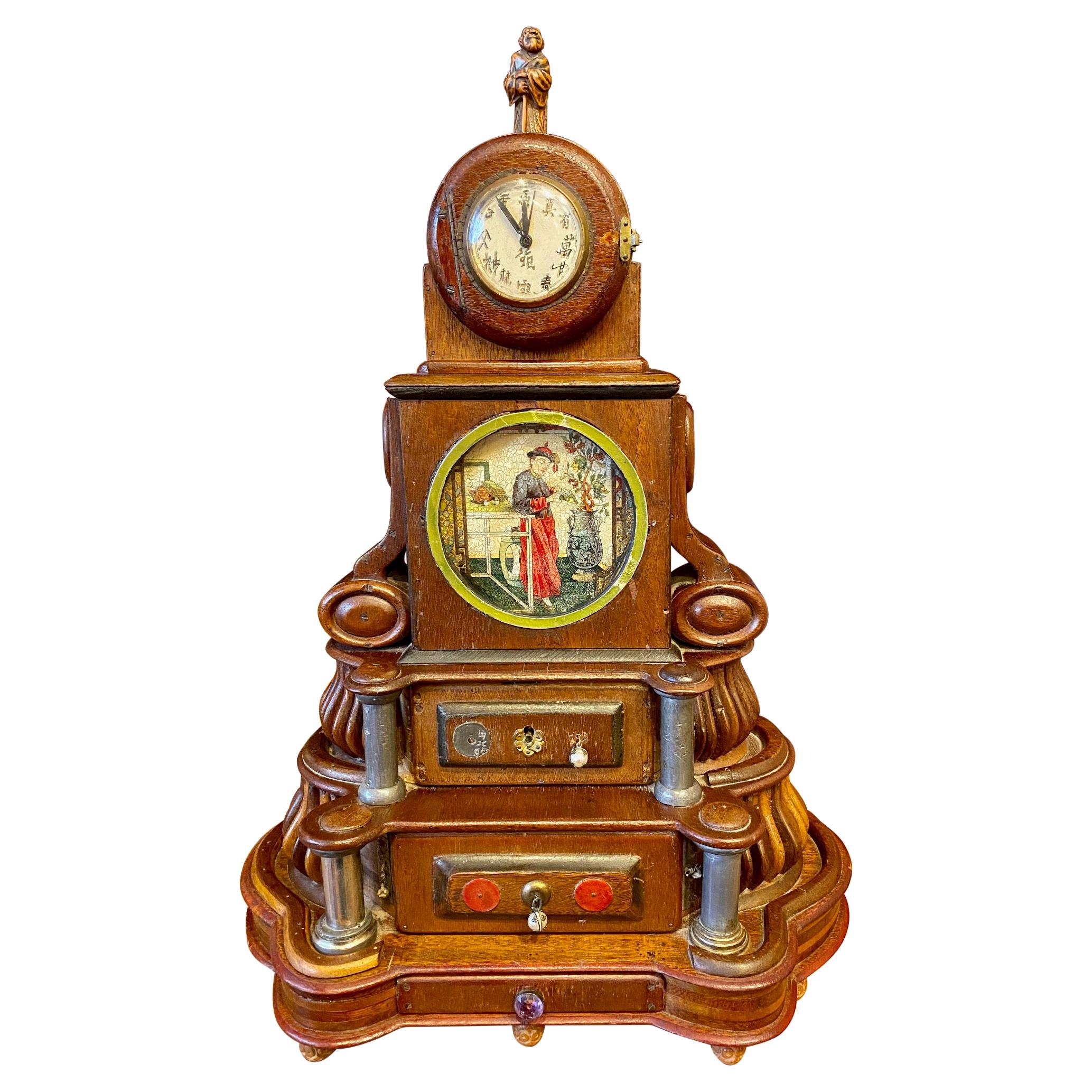 Chinese Art Deco Carved Mahogany Mantle Clock, circa 1900 For Sale