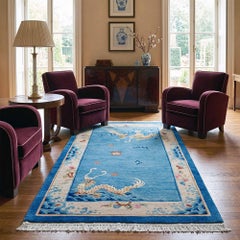 1920s Chinese Art Deco Hand-Knotted Dragon Rug, Wool, Blue, 119 × 215 cm
