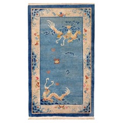1920s Chinese Art Deco Hand-Knotted Dragon Rug, Wool, Blue, 119 × 215 cm