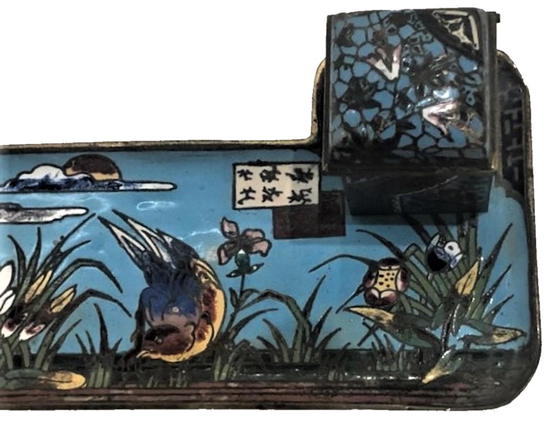 Chinese Art Deco Enameled Bronze Inkwell w/ Bird and Flower Motif, ca. 1920 For Sale 2