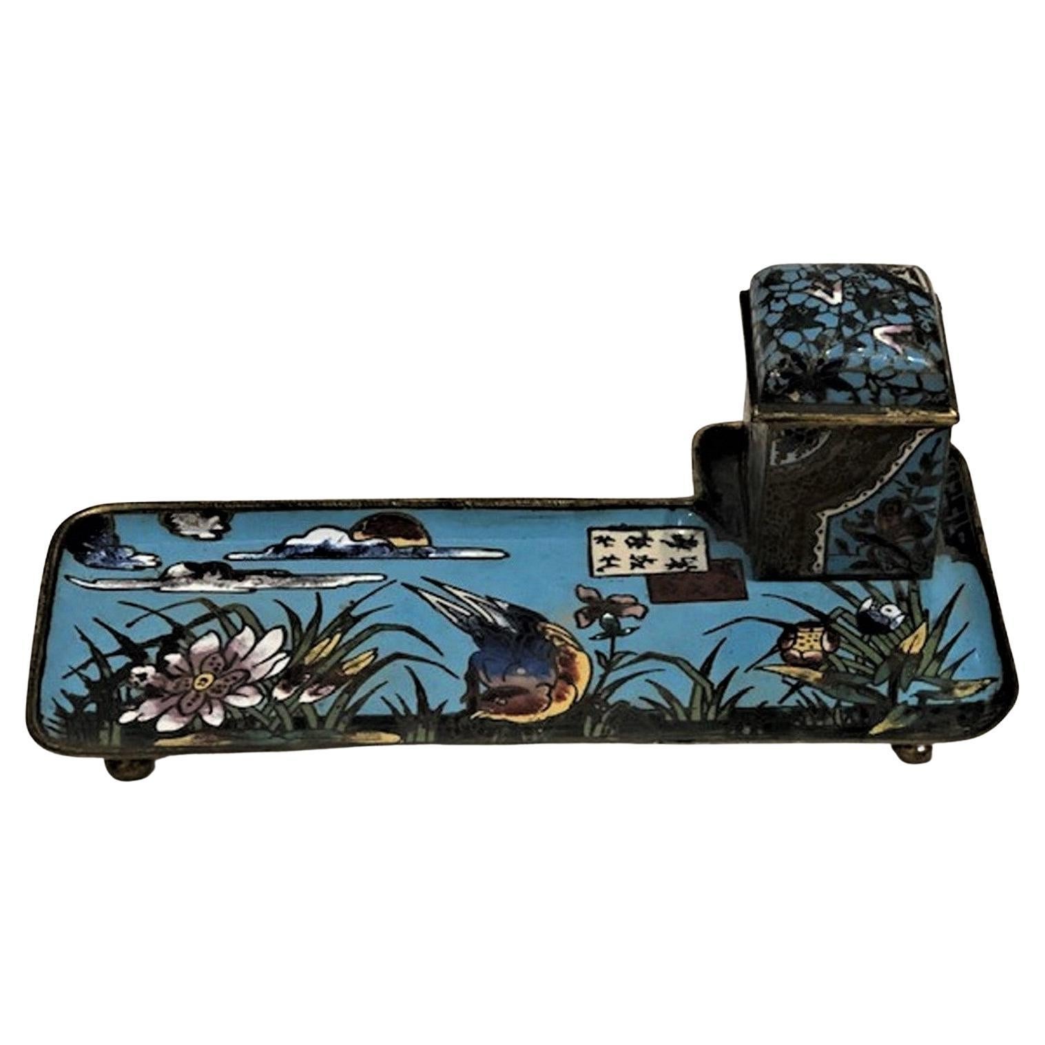 Chinese Art Deco Enameled Bronze Inkwell w/ Bird and Flower Motif, ca. 1920 For Sale