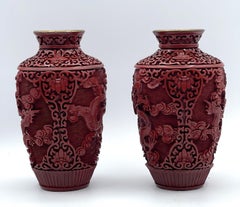 Chinese Art Deco Pair of Carved Cinnabar Lacquer Dragon Vases, Circa 1920