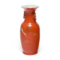 Chinese Art Deco Persimmon Vase with White Cranes, circa 1920s