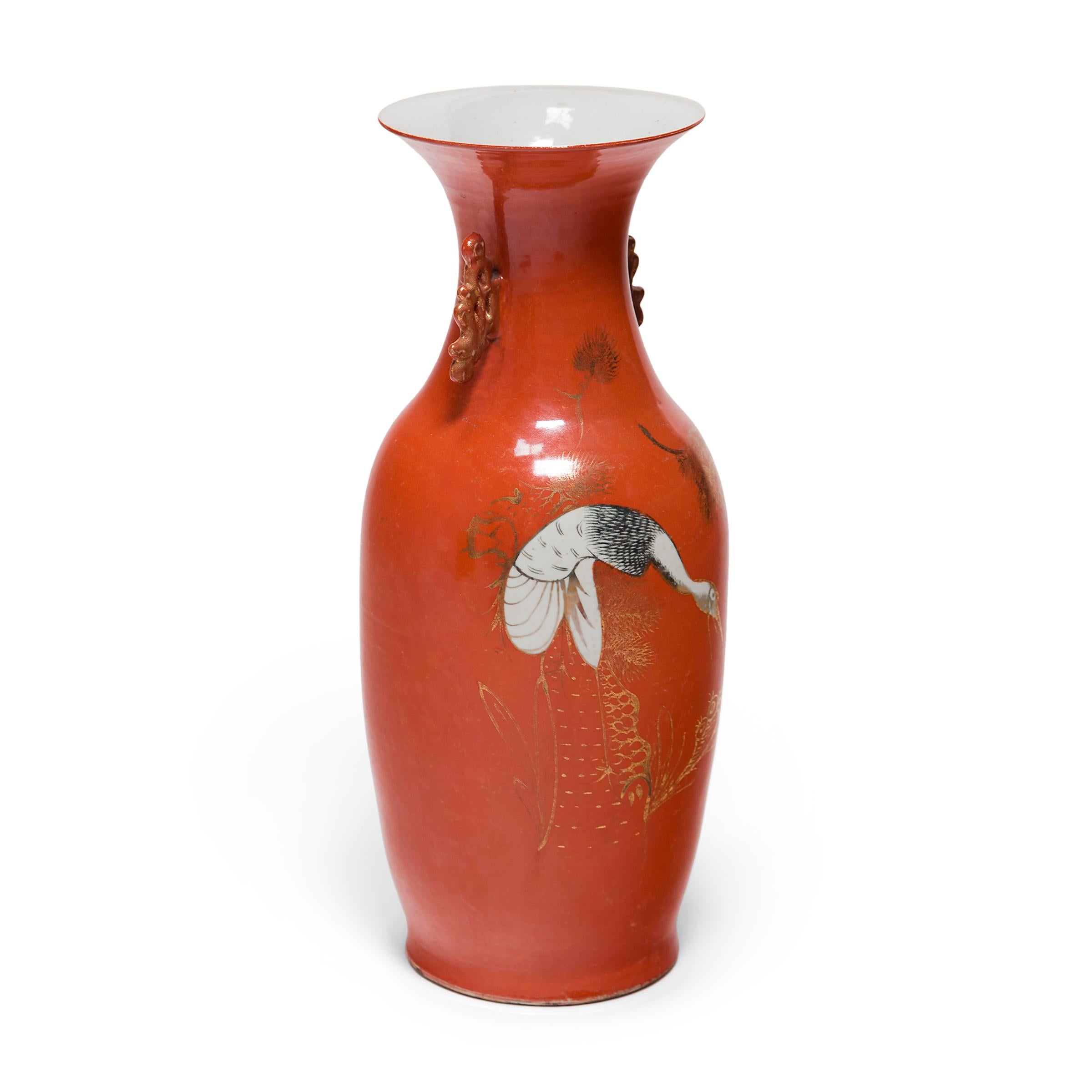 Chinese Art Deco Persimmon Vase with White Cranes, circa 1920s In Good Condition For Sale In Chicago, IL