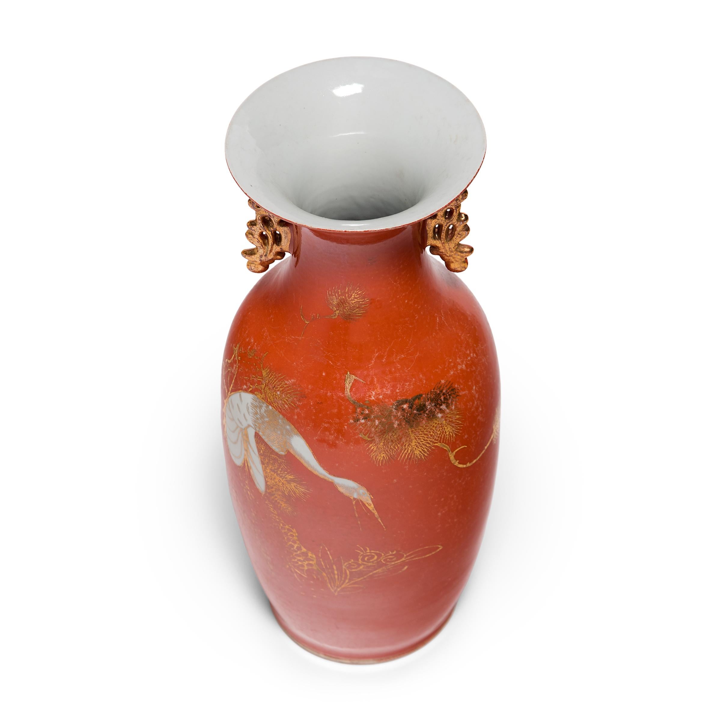 Early 20th Century Chinese Art Deco Persimmon Vase with White Cranes, circa 1920s For Sale