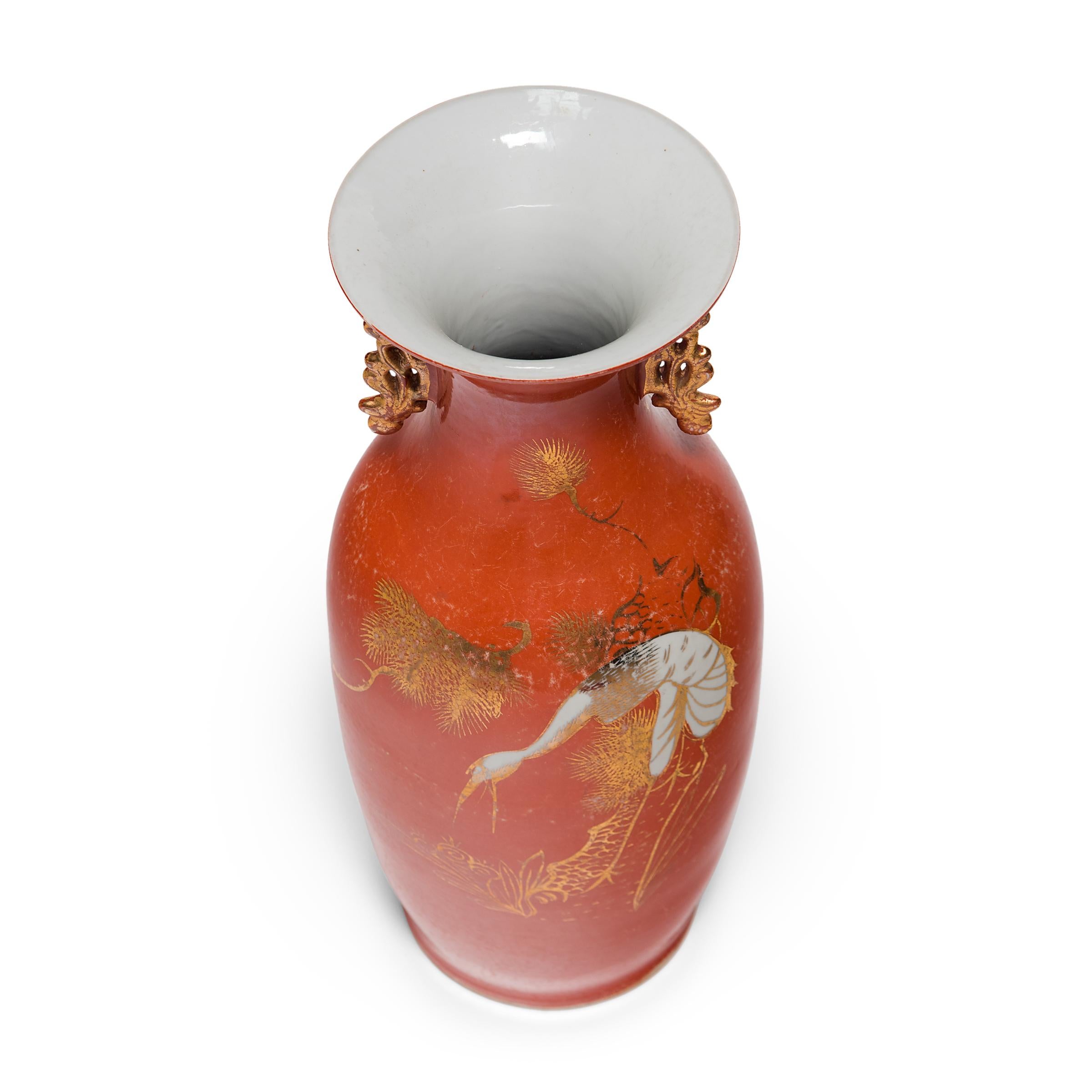 Early 20th Century Chinese Art Deco Persimmon Vase with White Cranes, circa 1920s For Sale